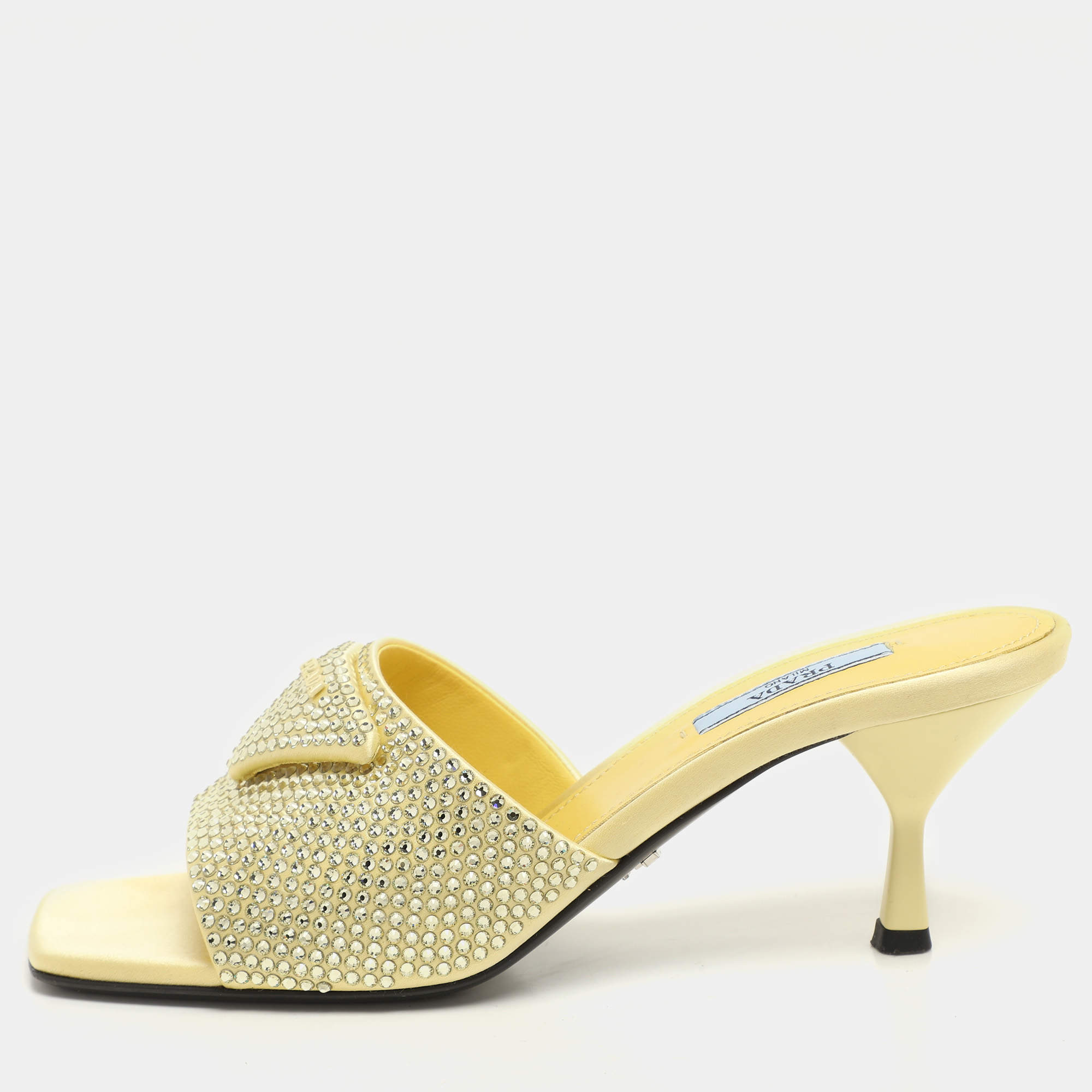 Prada Yellow Crystal Embellished Satin Logo Slide Sandals Size 37