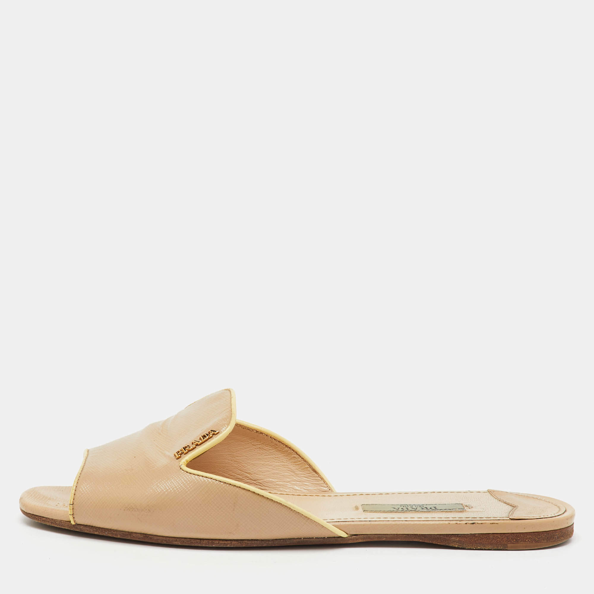Prada Beige Saffiano Patent Leather Flat Slide Sandals Size 37.5