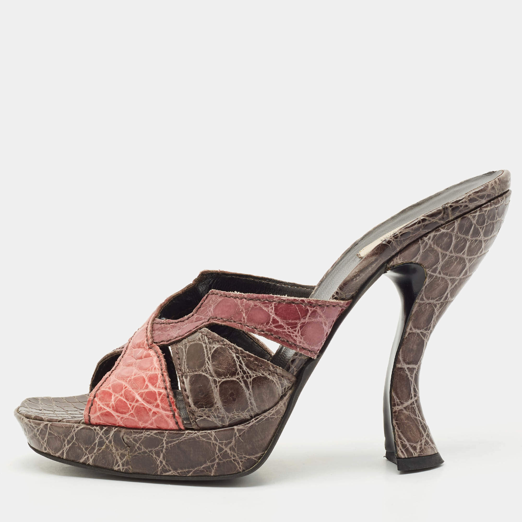 Prada Multicolor Crocodile Cut Out Slide Sandals Size 39