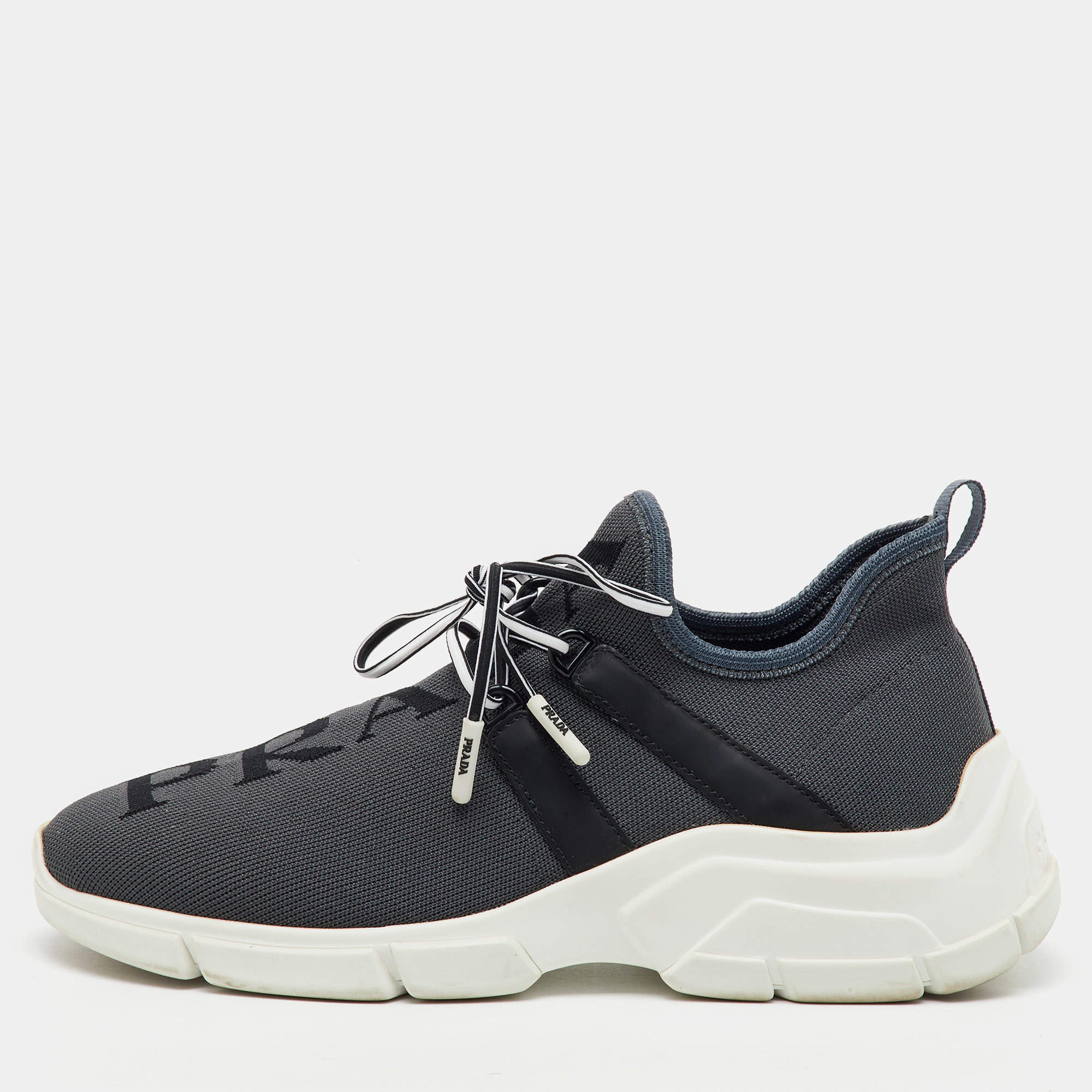 Prada Grey/Black Knit Fabric and Leather Logo Print Low Top Sneakers Size 36