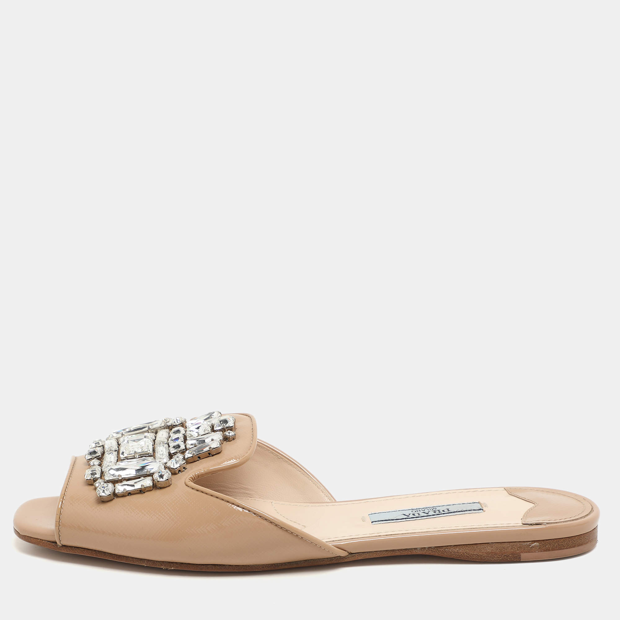 Prada Beige Patent Leather Crystal Embellished Slide Sandals Size 36.5