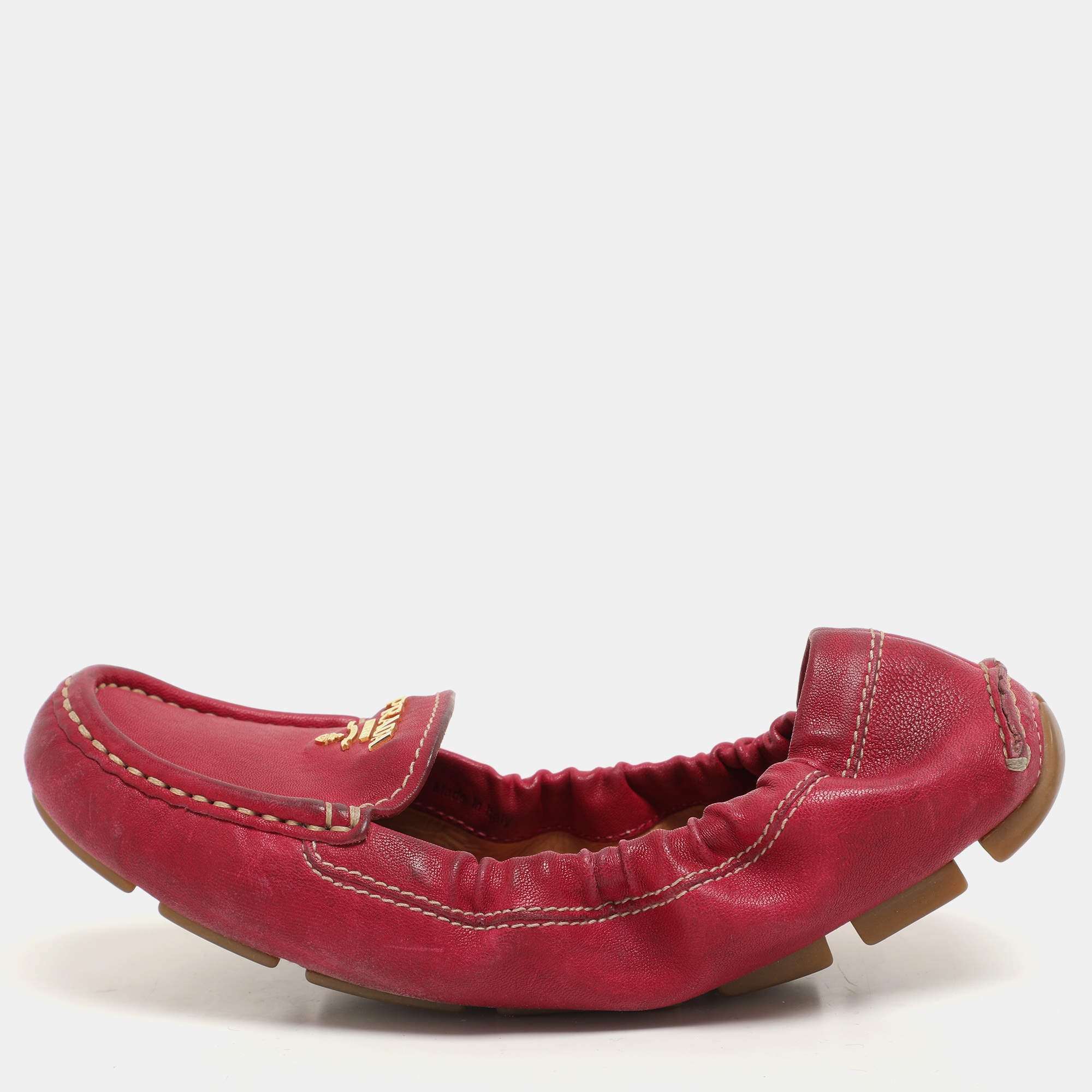 Prada Pink Leather Logo Scrunch Loafers Size 35