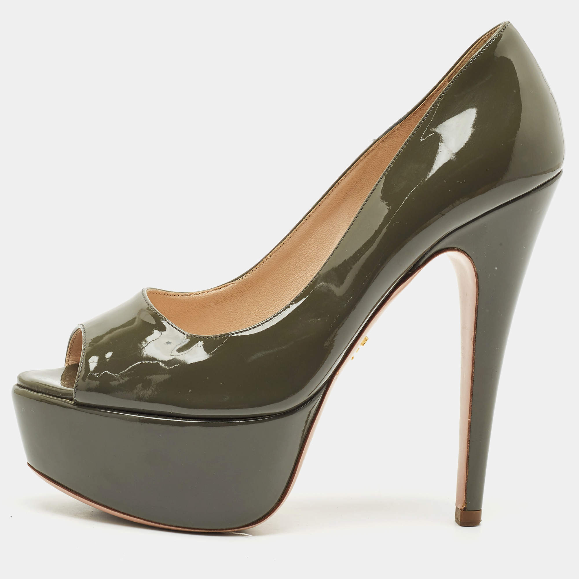 Prada Olive Green Patent Leather Peep Toe Platform Pumps Size 36.5