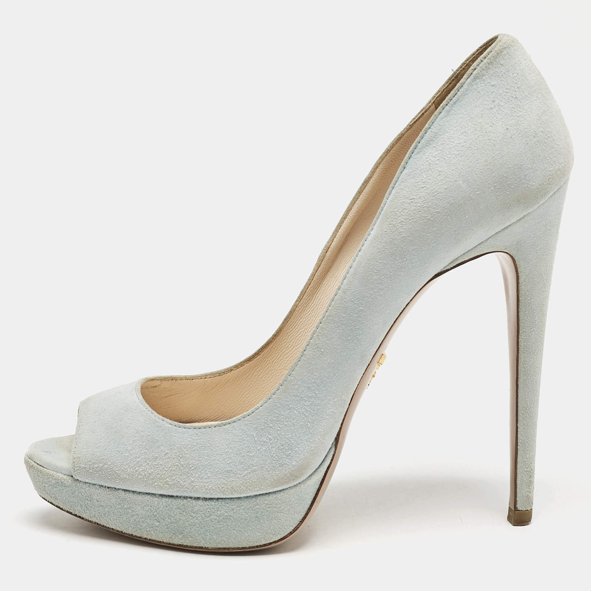 Prada Light Blue Suede Peep Toe Platform Pumps Size 38