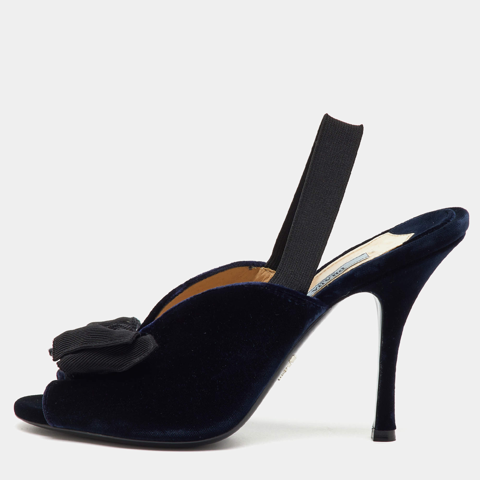 Prada Navy Blue/Black Velvet Bow Slingback Sandals Size 39
