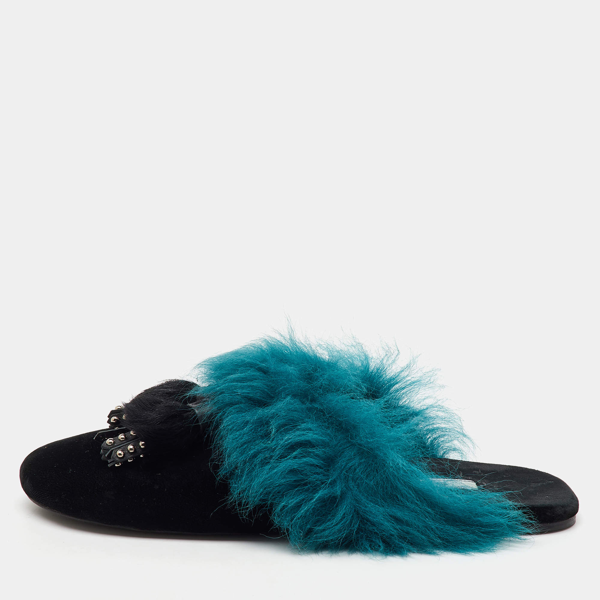 Prada Black/Teal Velvet and Fur Tassel Flat Mules Size 38