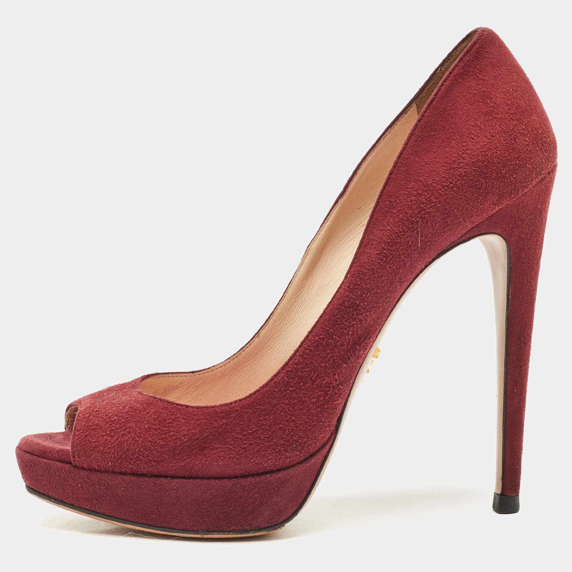 Prada Burgundy Suede Peep Toe Pumps Size 38