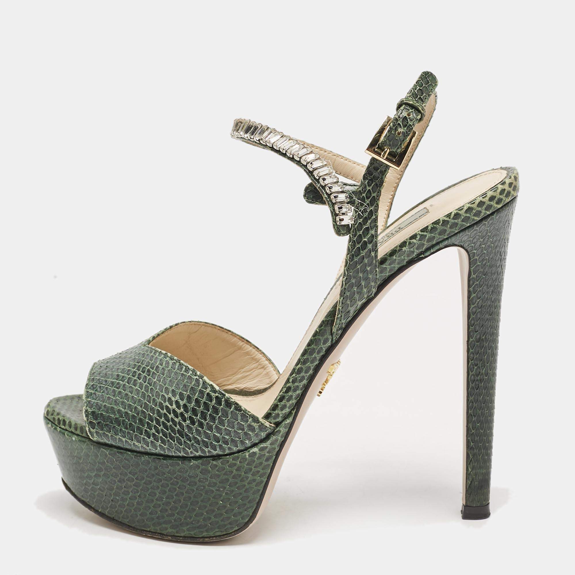 Pre Owned Prada Green Snakeskin Crystals Embellished Ankle Strap Sandals Size 36