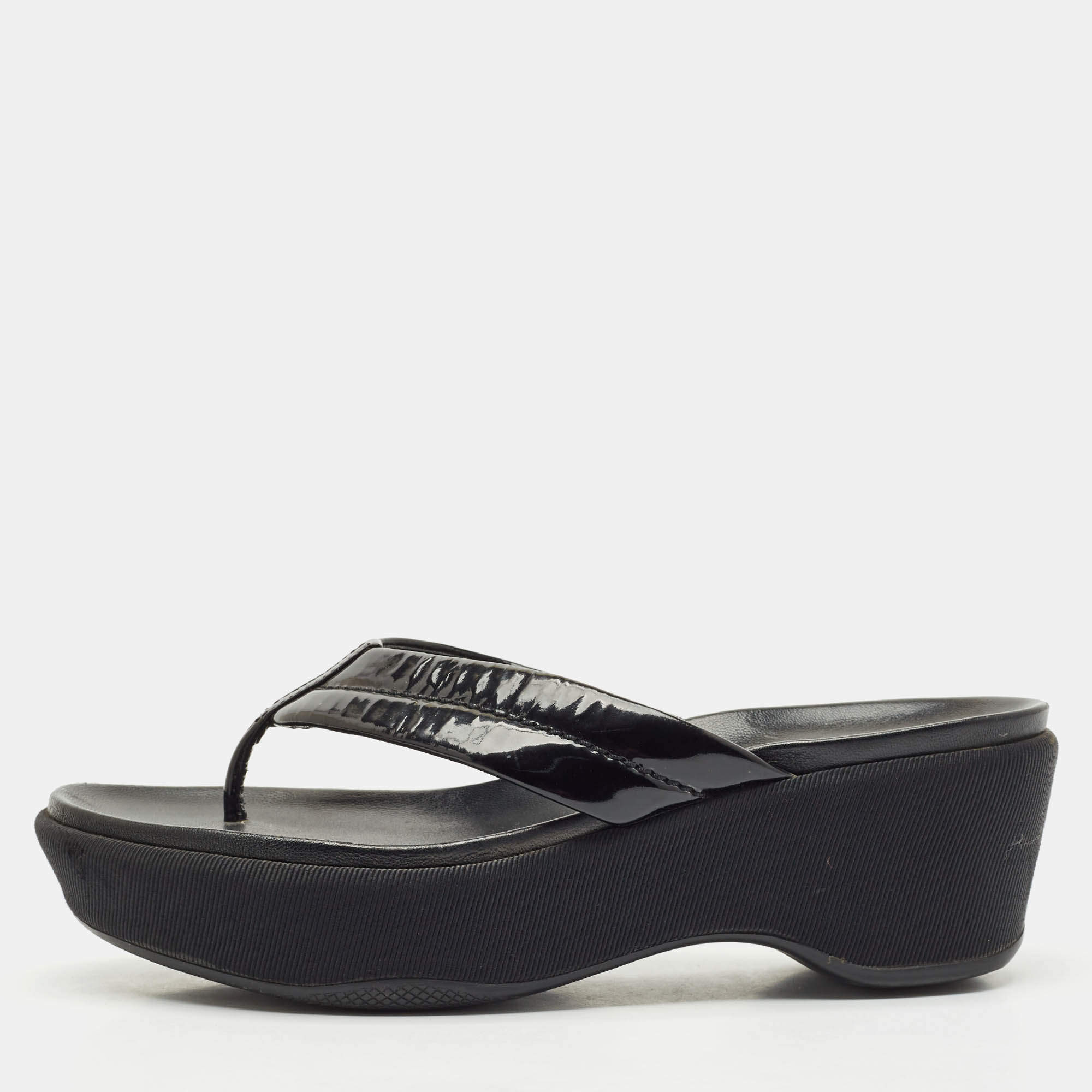 Prada Black Patent Leather Platform Thong Sandals Size 38