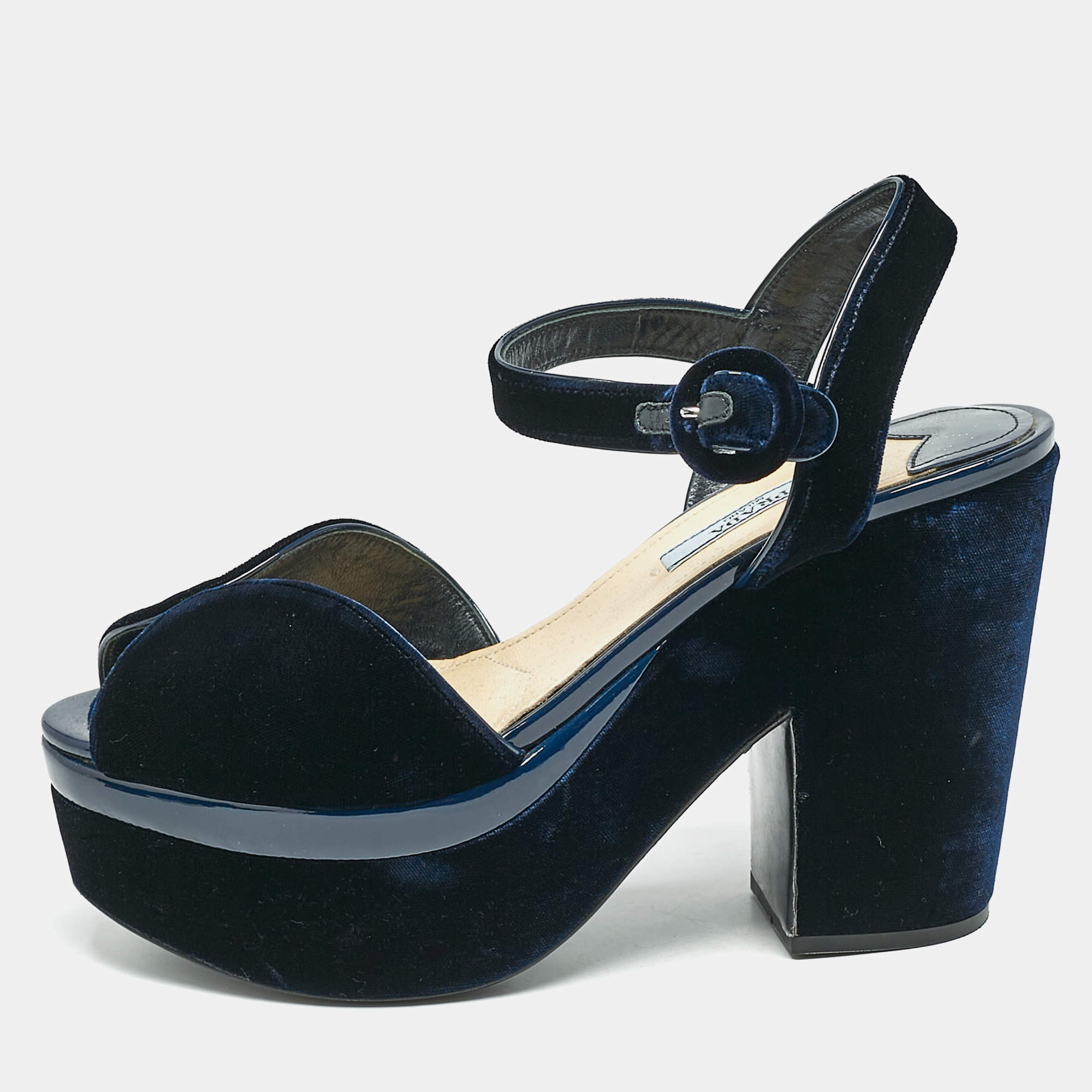 Prada Navy Blue Velvet Block Heel Platform Ankle Strap Sandals Size 38