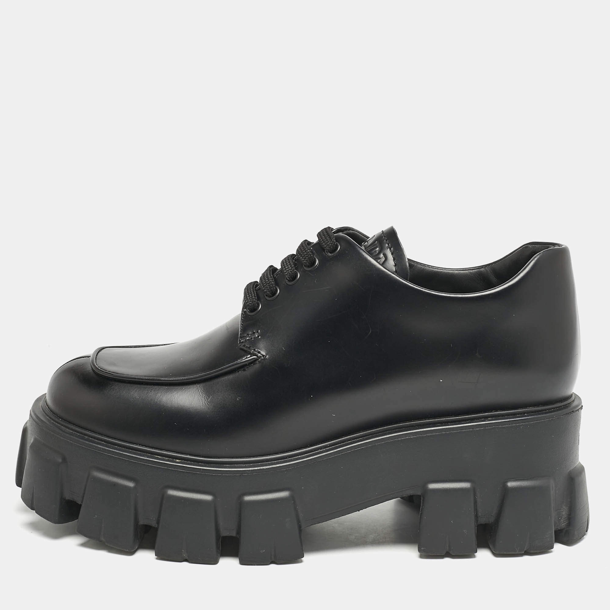 مملوكة مسبقًا Prada Black Leather Monolith Platform Lace Up Derby Size 36