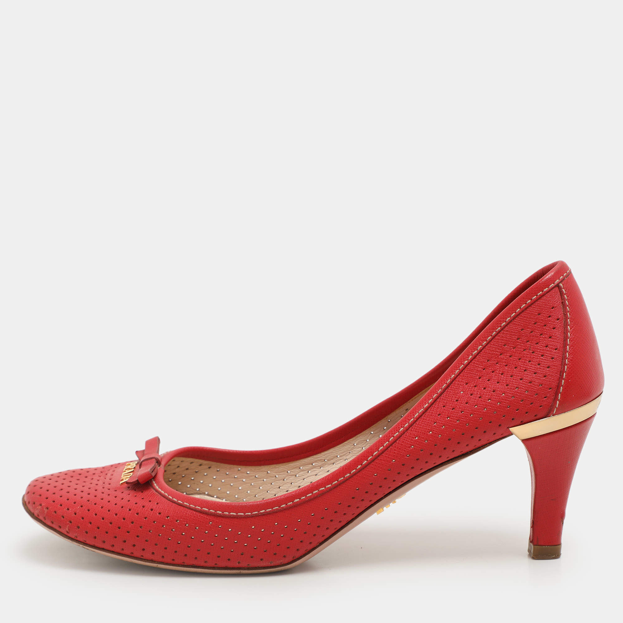 Prada Red Perforated Leather Bow Embellished Pumps Size 38.5