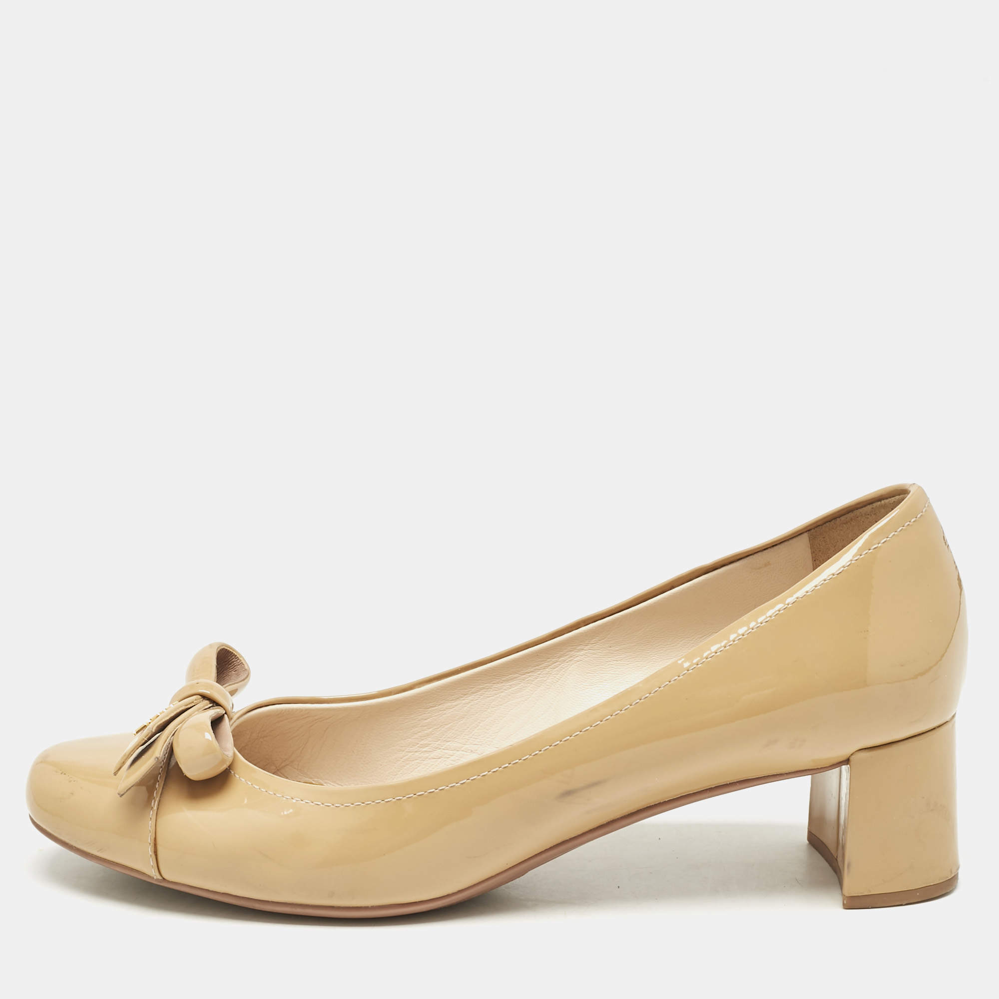 Prada Beige Patent Leather Bow Block Heel Pumps Size 39.5