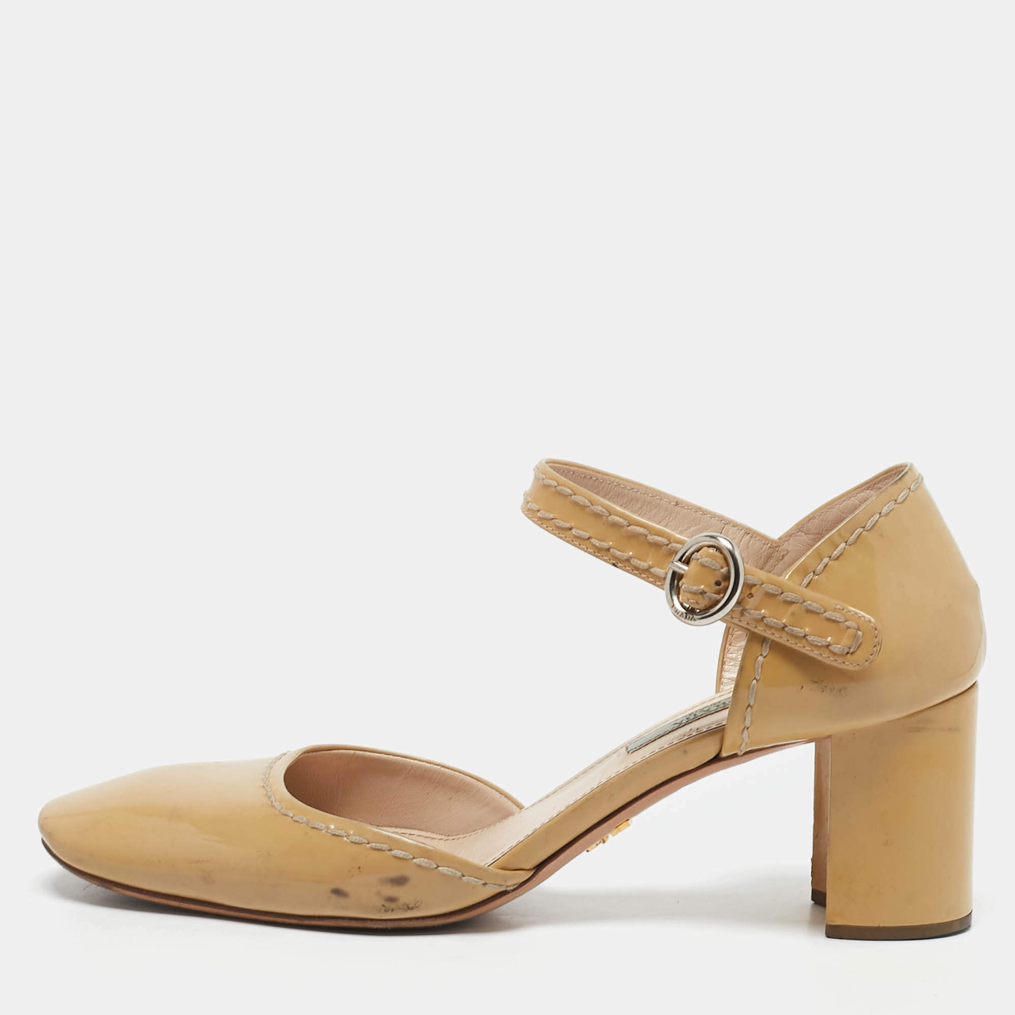 Prada Beige Patent Leather Block Heel Mary Jane Pumps Size 39