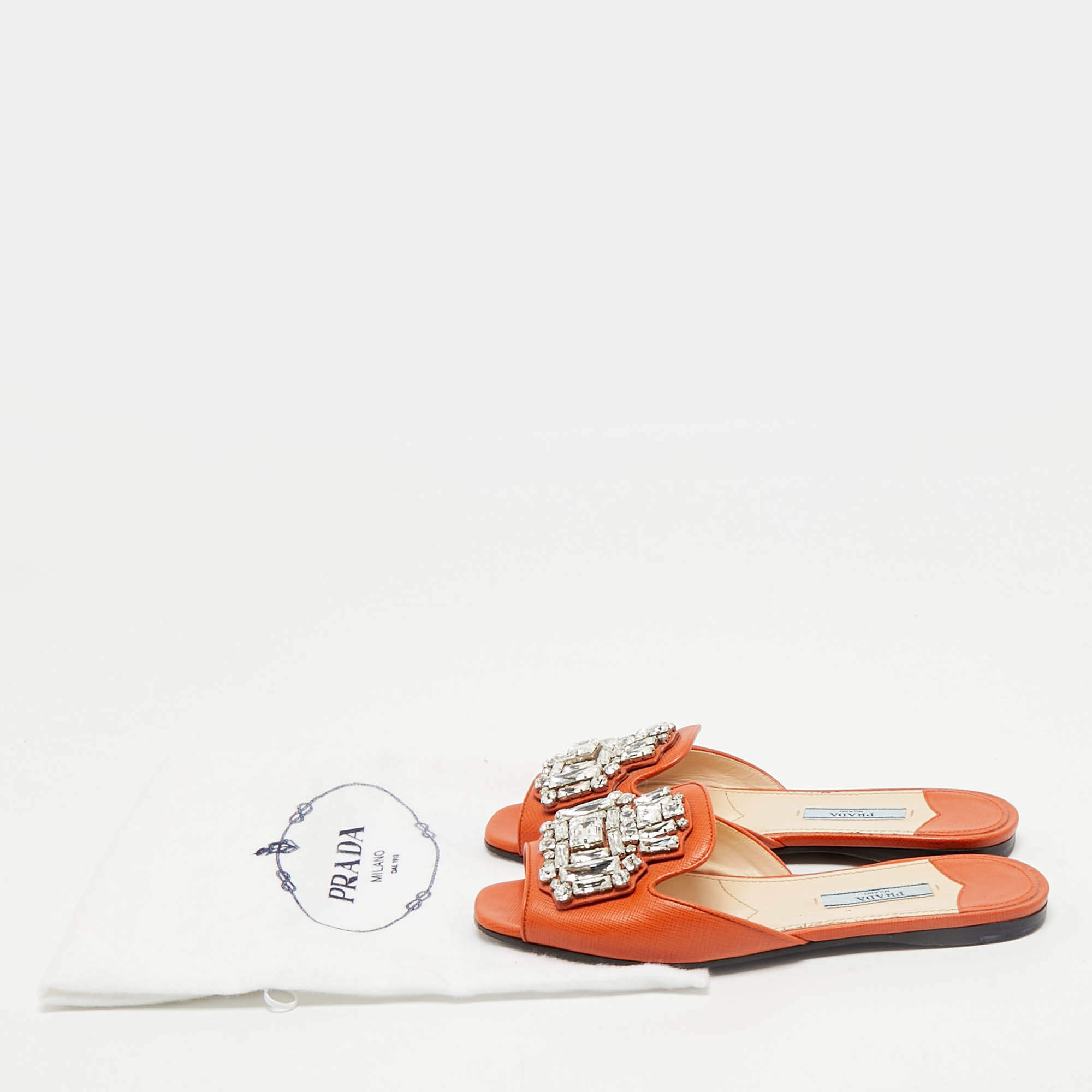 Pre Owned Prada Orange Saffiano Lux Leather Crystals Embellished Flat Slides  Size 36