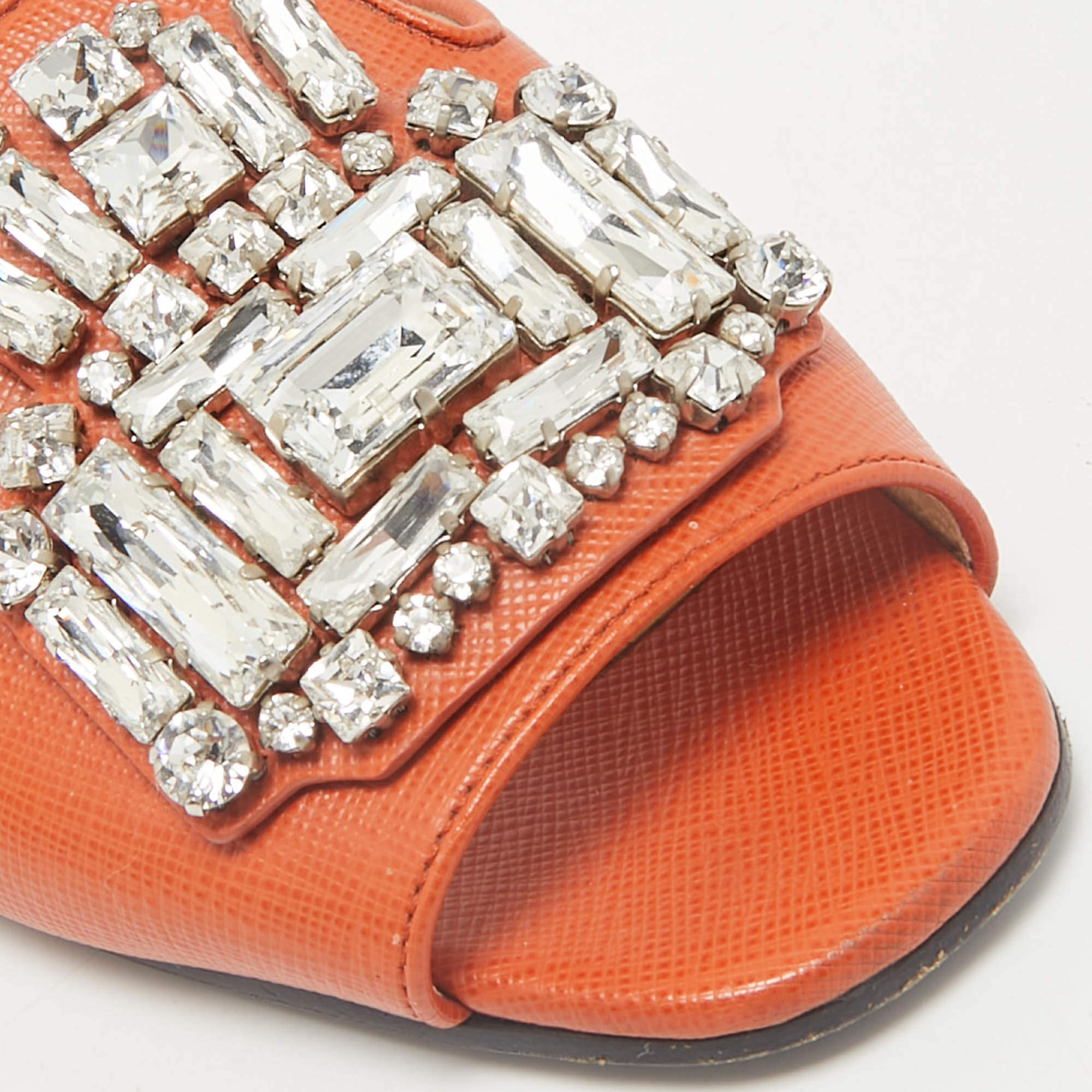 Pre Owned Prada Orange Saffiano Lux Leather Crystals Embellished Flat Slides  Size 36