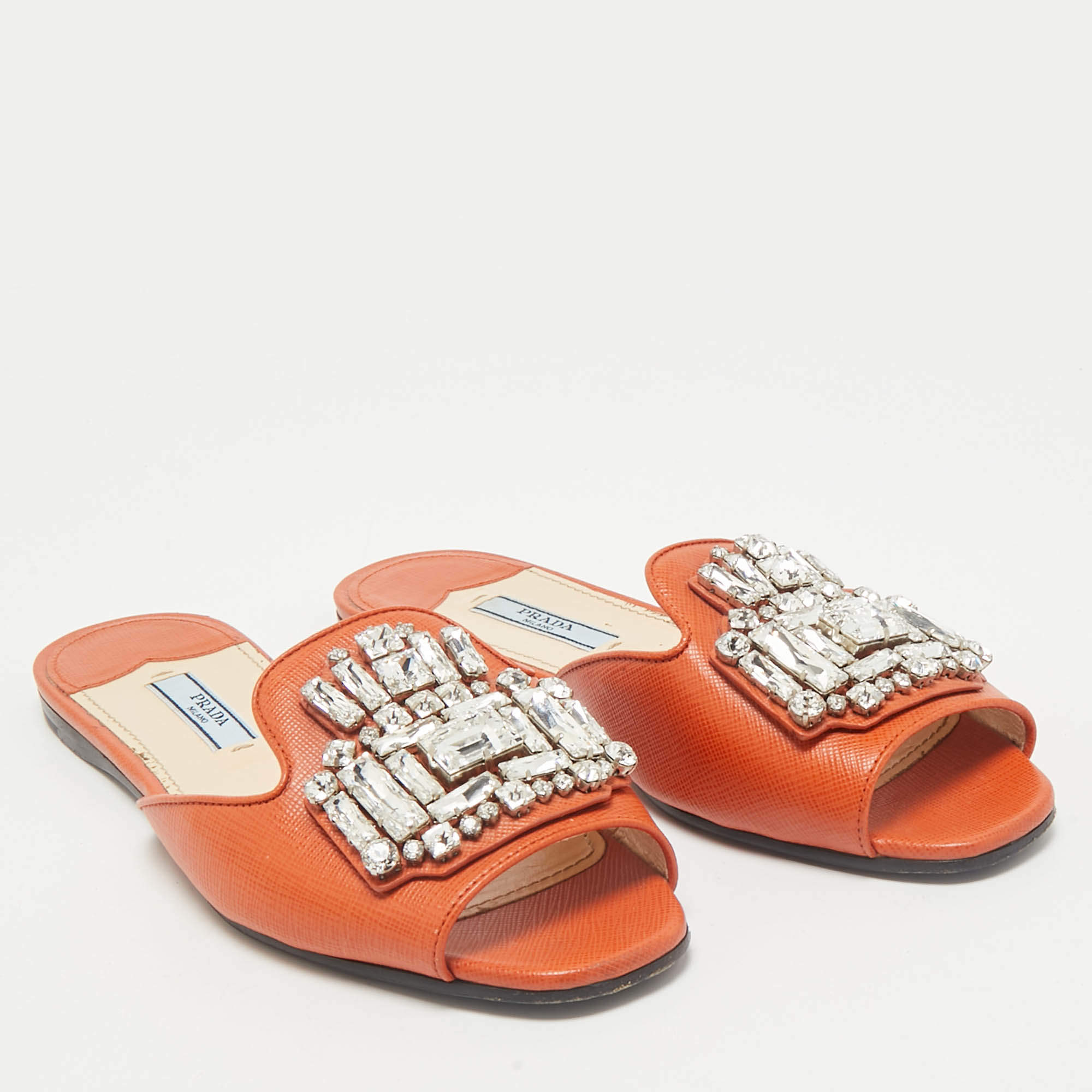 Pre Owned Prada Orange Saffiano Lux Leather Crystals Embellished Flat Slides  Size 36