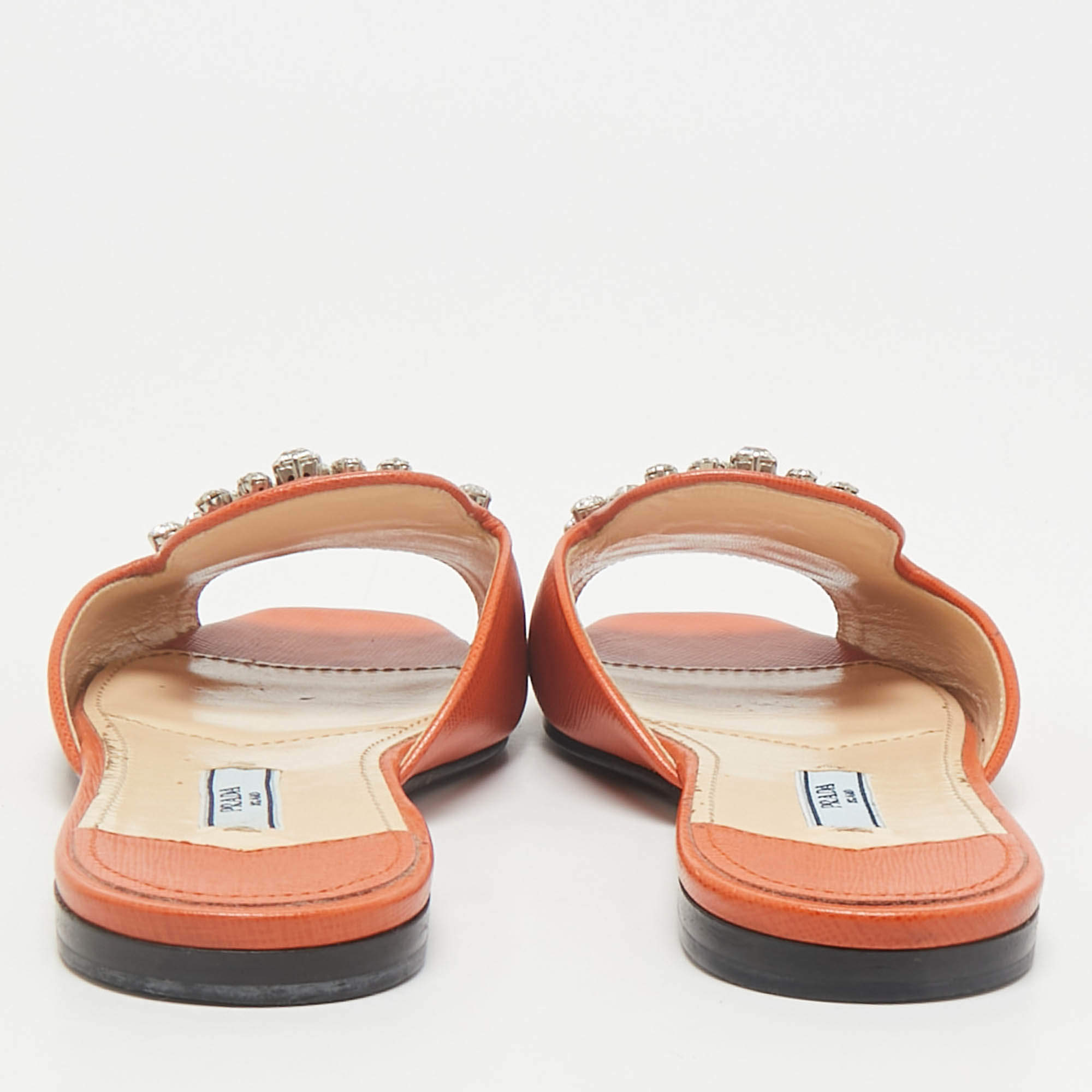 Pre Owned Prada Orange Saffiano Lux Leather Crystals Embellished Flat Slides  Size 36