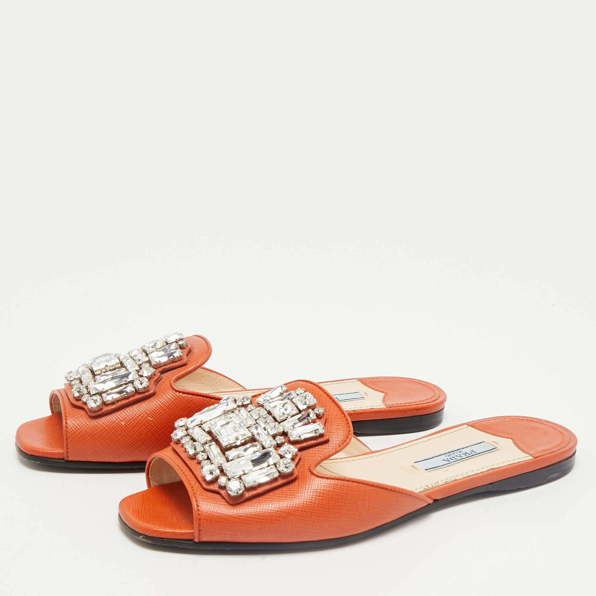 Pre Owned Prada Orange Saffiano Lux Leather Crystals Embellished Flat Slides  Size 36