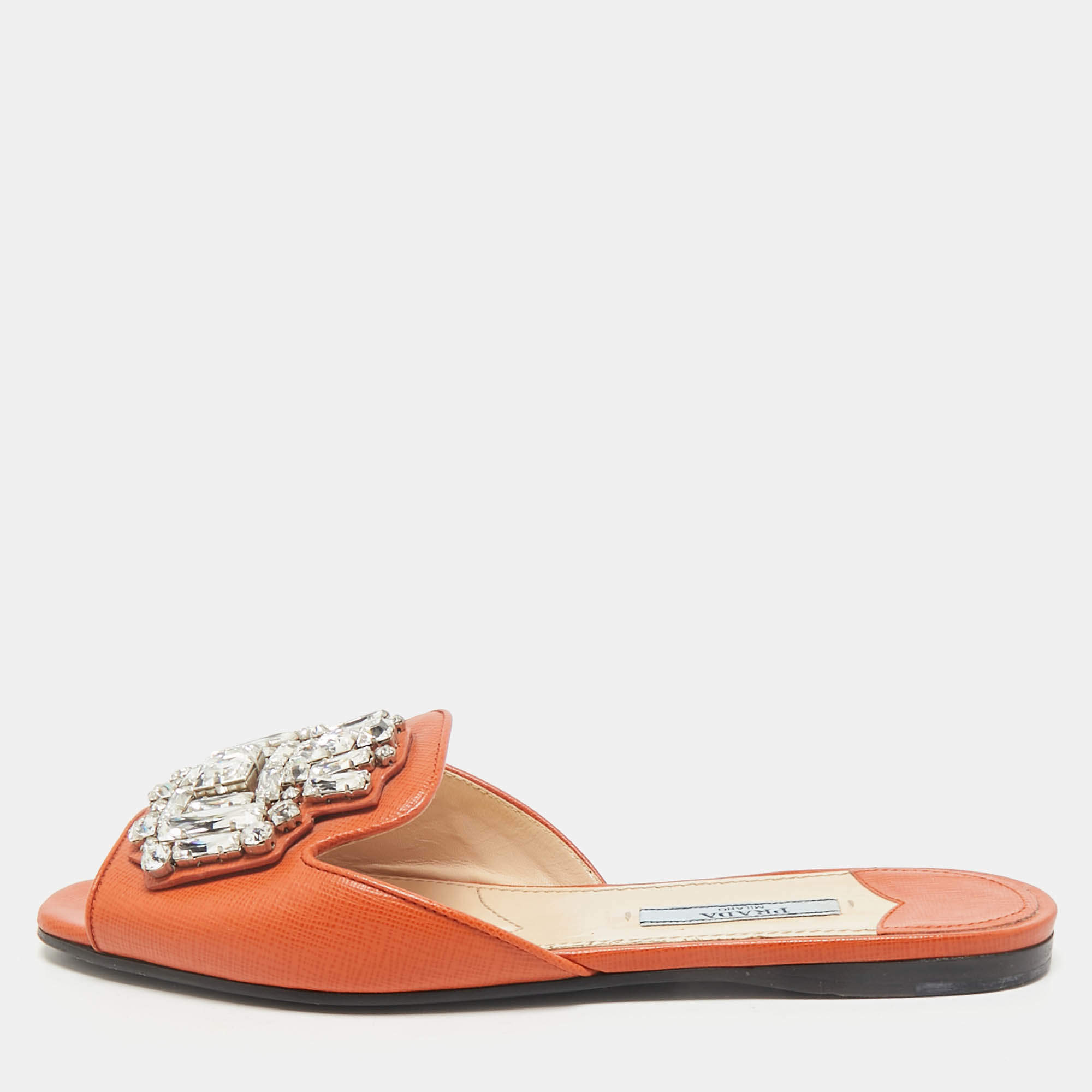 Prada Orange Saffiano Lux Leather Crystals Embellished Flat Slides  Size 36