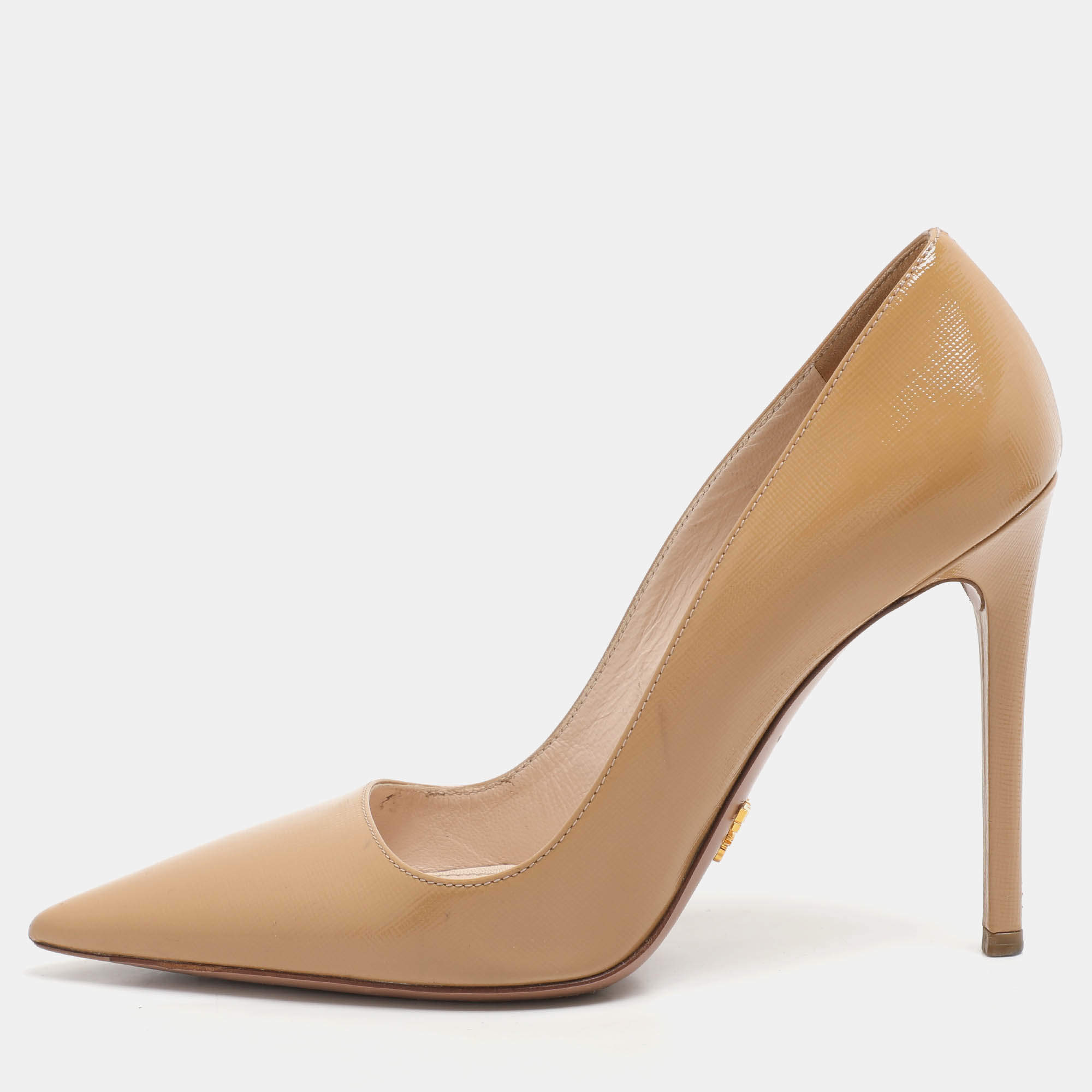 Prada Beige Saffiano Patent Leather Pointed Toe Pumps Size 37.5