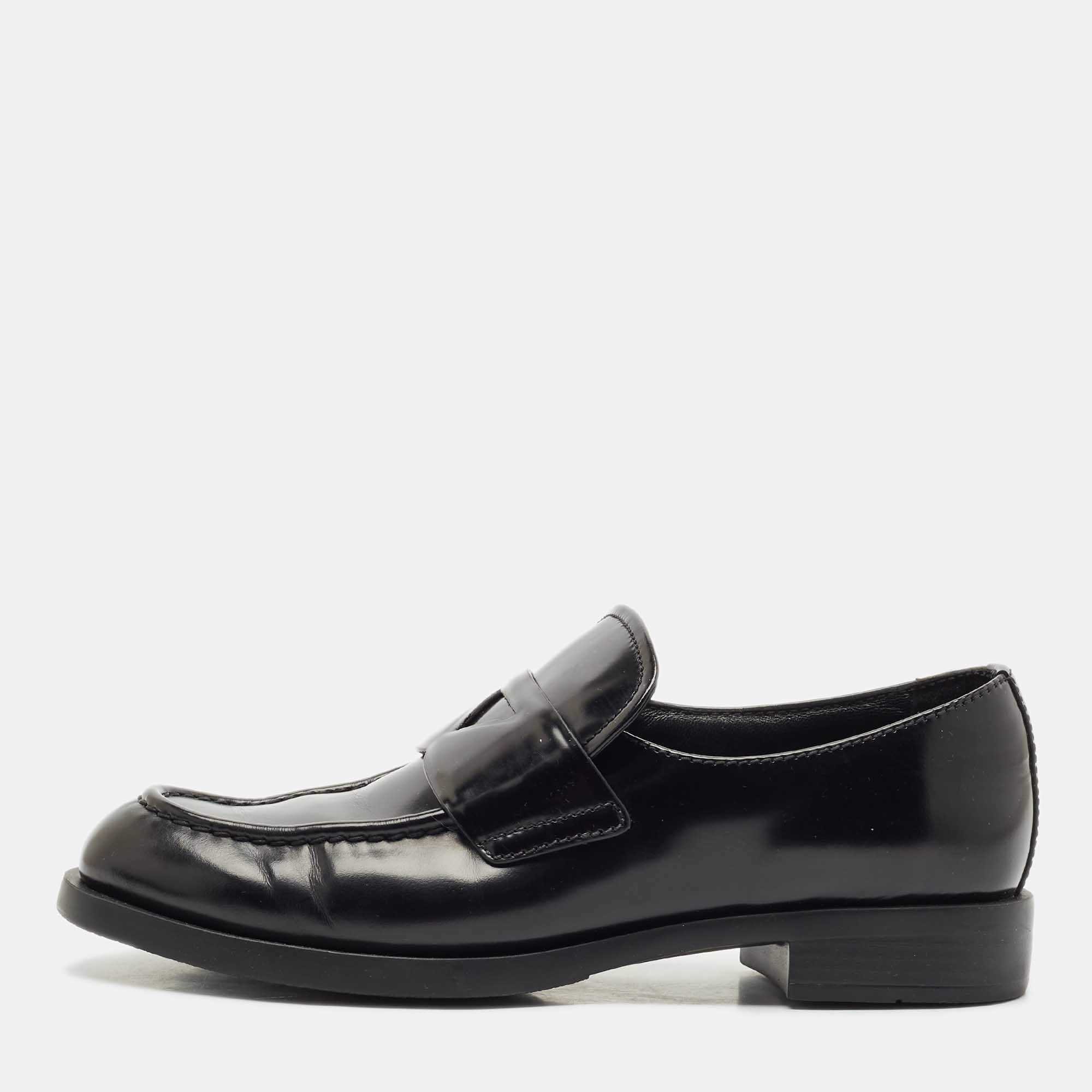 Prada Black Brushed Leather Slip On Loafers Size 37.5