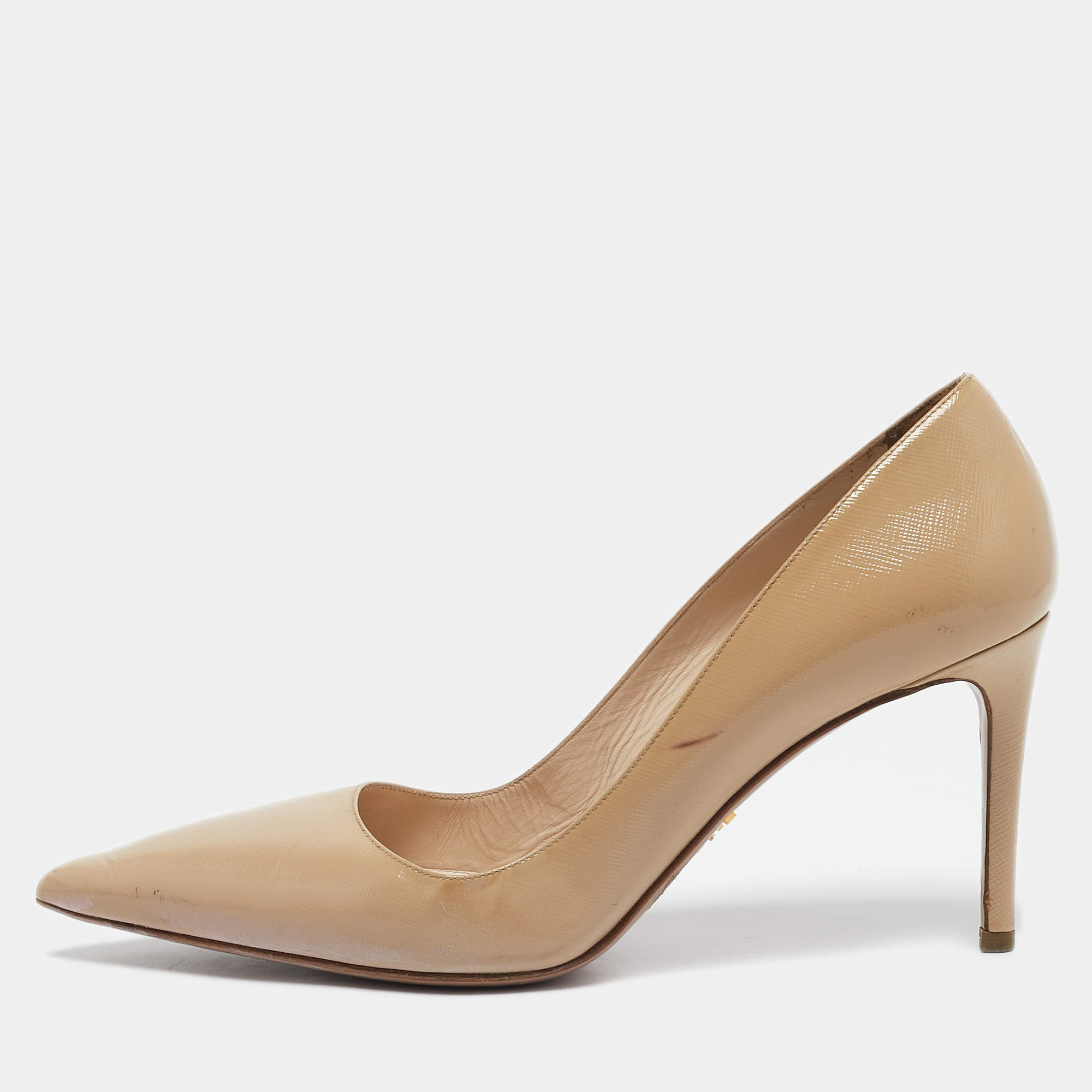 Prada Beige Saffiano Patent Leather Pointed Toe Pumps Size 40.5