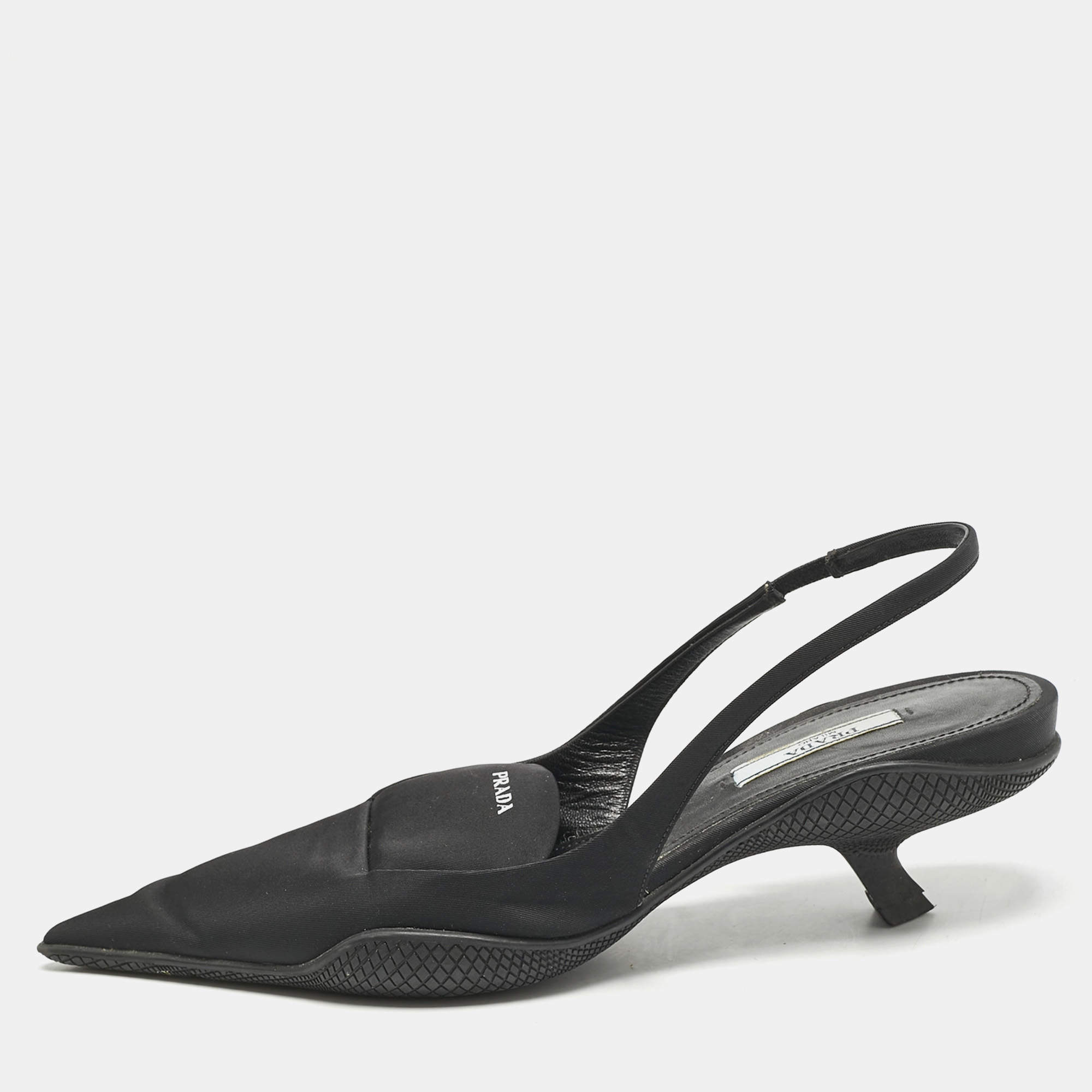 Prada Black Nylon Logo Print Pointed Toe Slingback Pumps Size 36