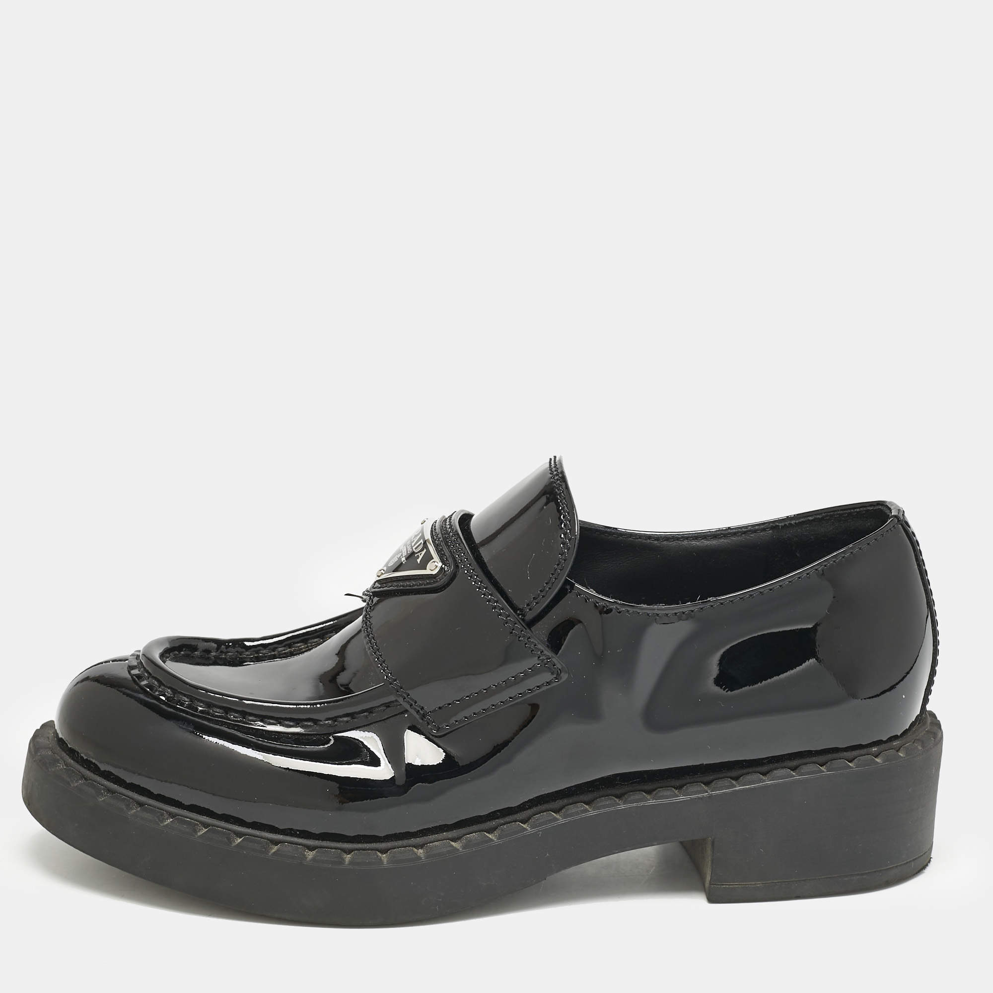 Prada Black Patent Leather Triangle Logo Slip On Loafers Size 37