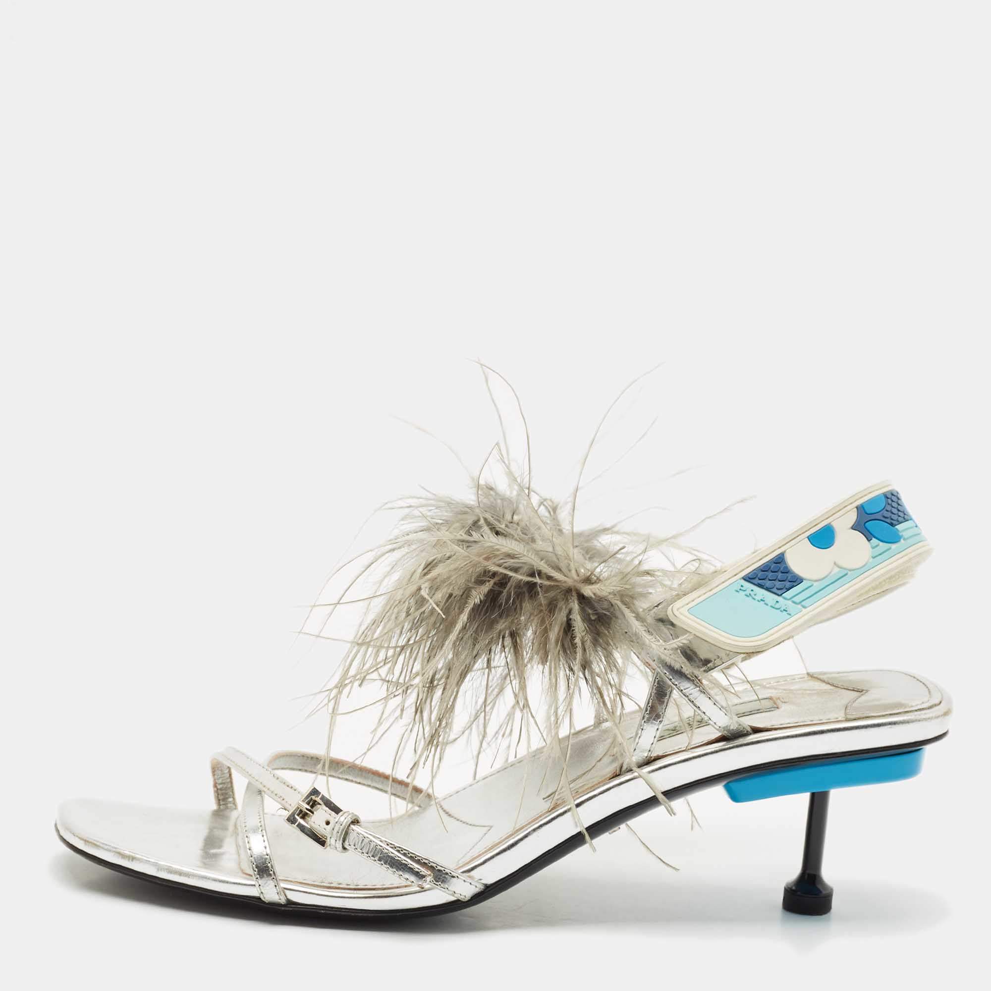 Prada Metallic Silver Leather and Ostrich Feather Ankle Strap Sandals Size 40