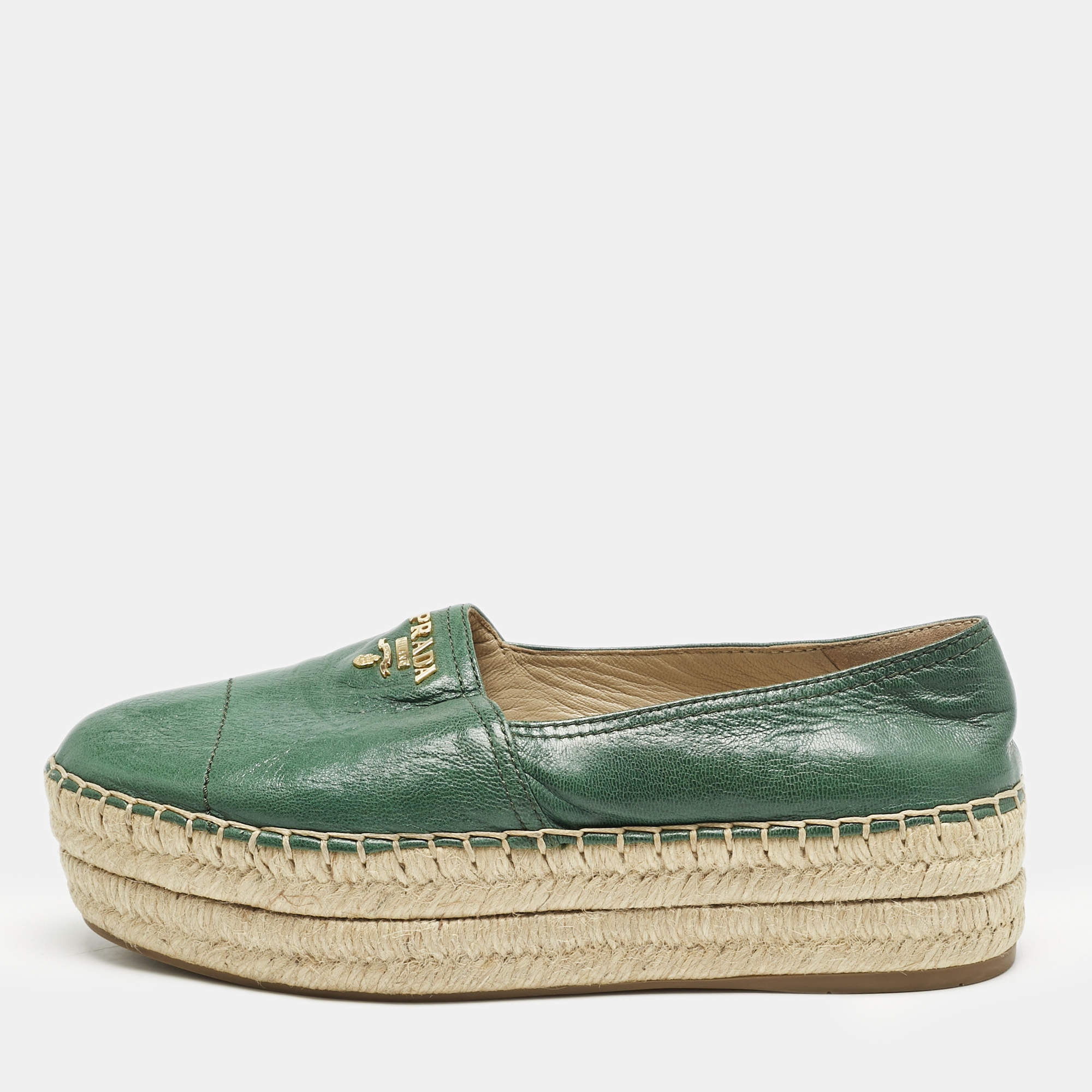 Prada Green Leather Logo Platform Espadrilles Size 39