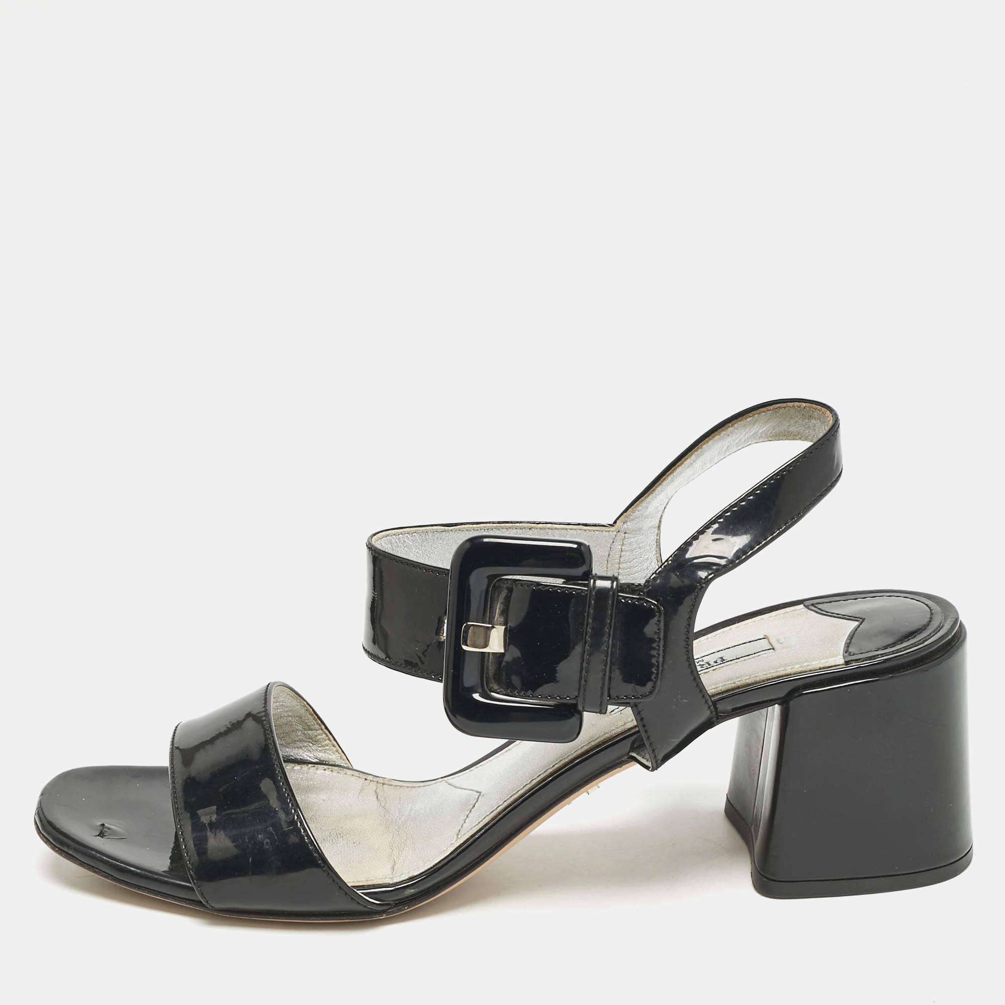 Prada Black Patent Leather Ankle Strap Sandals Size 39.5