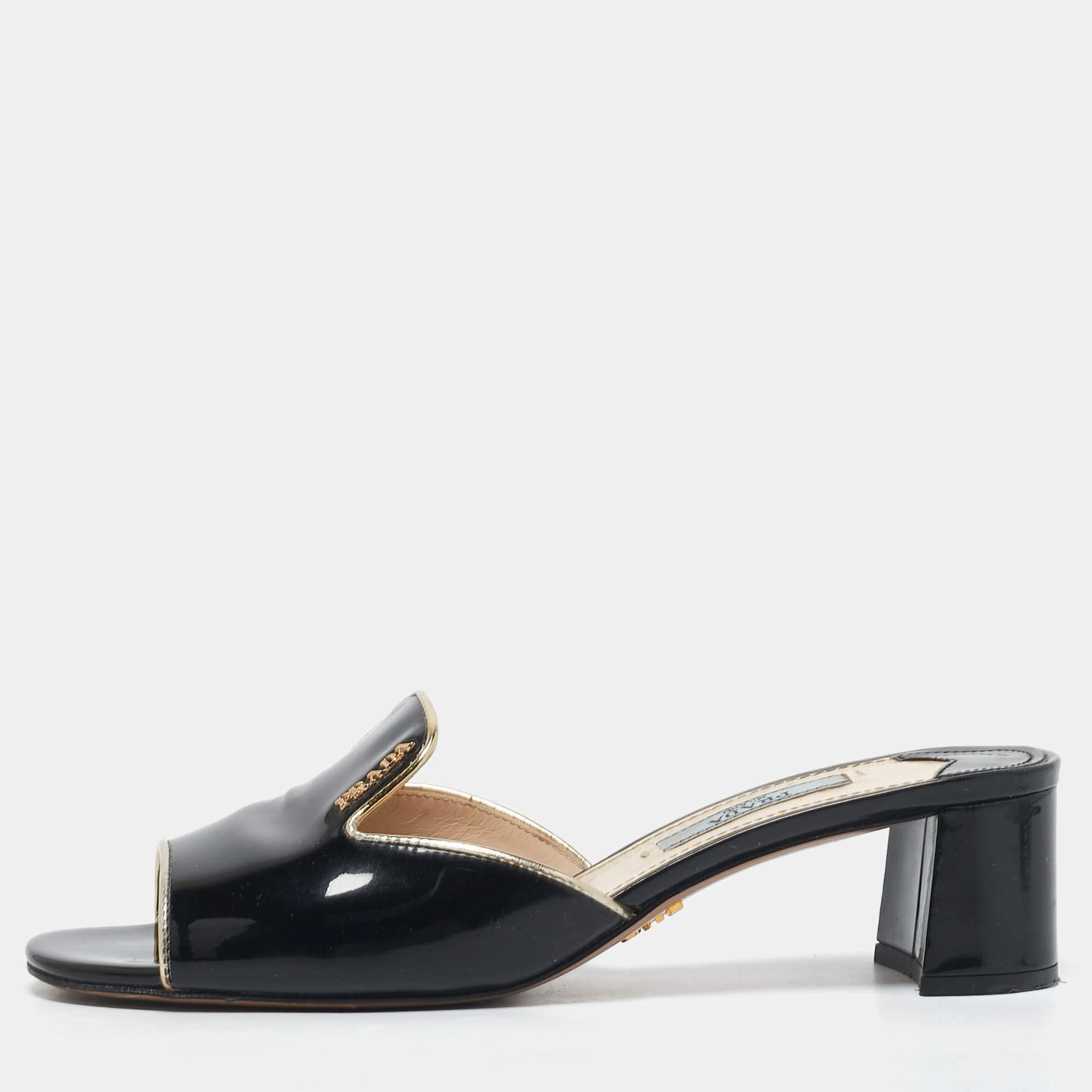 Prada Black Patent Leather Logo Slide Sandals Size 36