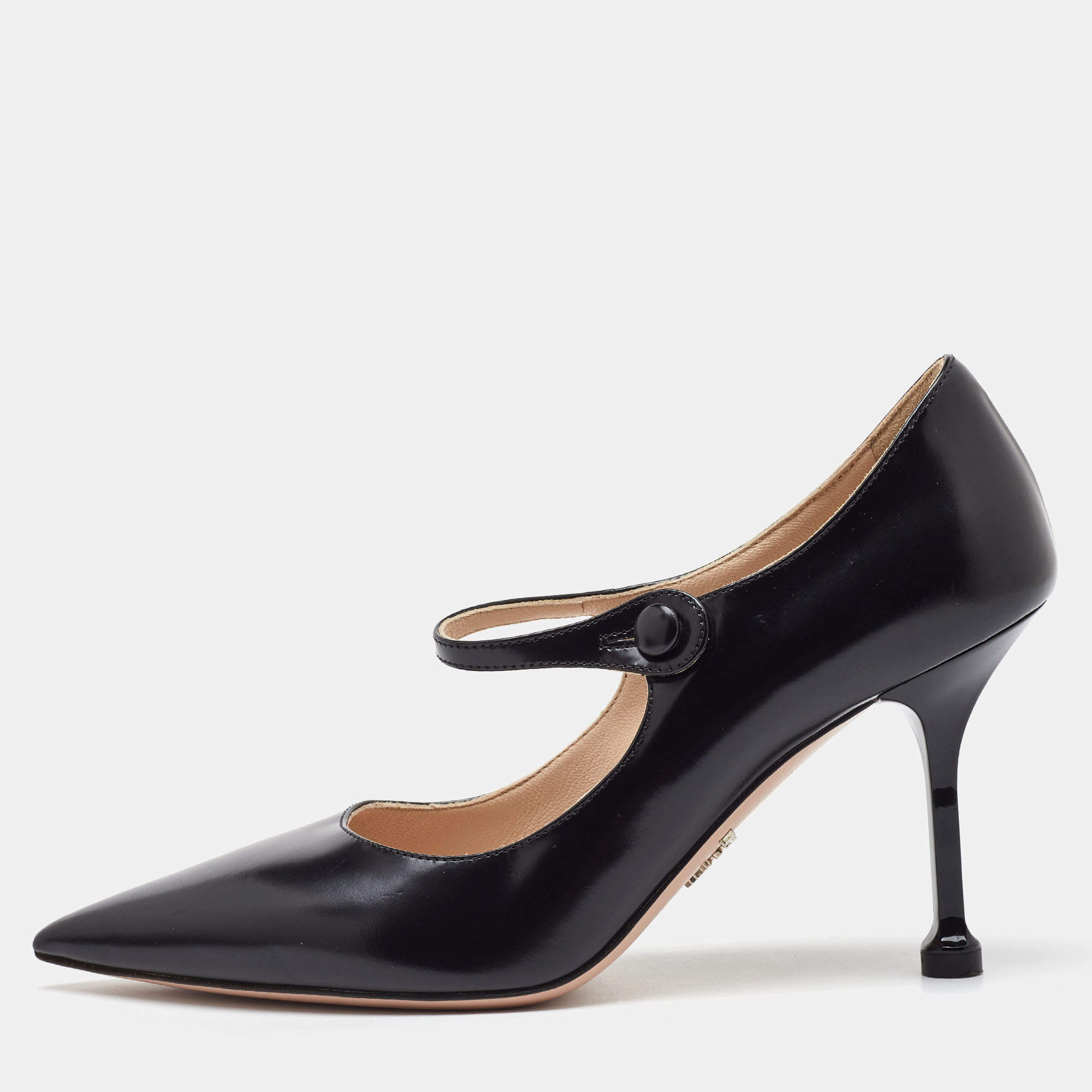 Prada Black Leather Pointed Toe Mary Jane Pumps Size 35.5