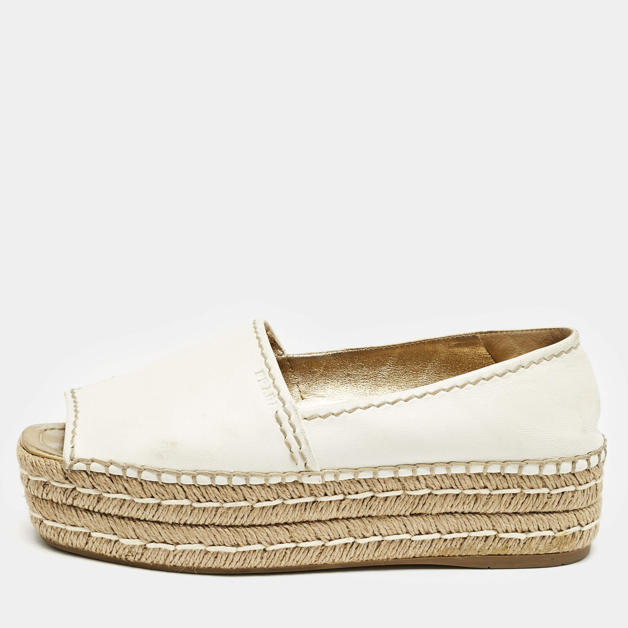 Pre Owned Prada White/Gold Leather Peep Toe Platform Espadrille Flats Size 38