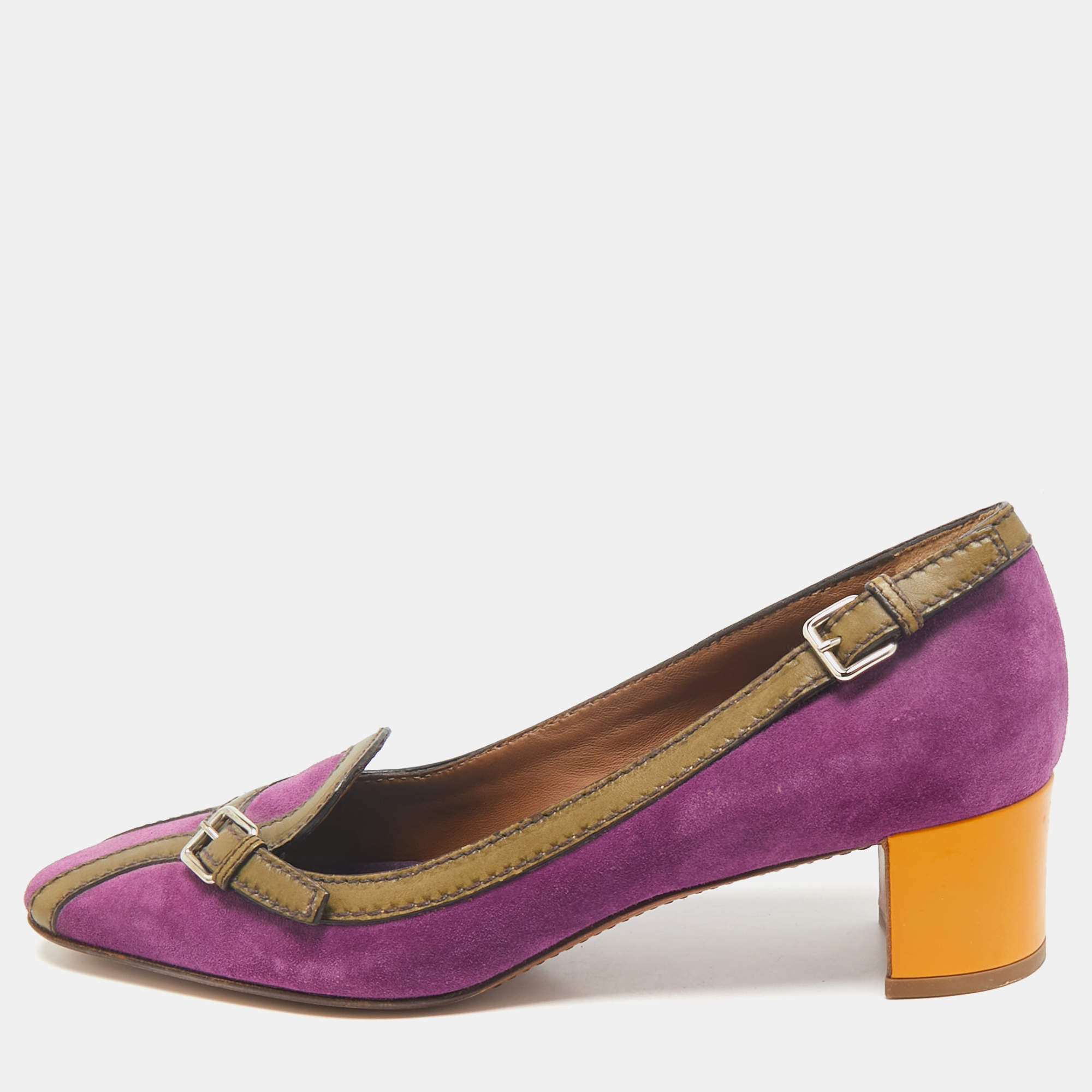 Prada Multicolor Leather and Suede Block Heel Pumps Size 38.5