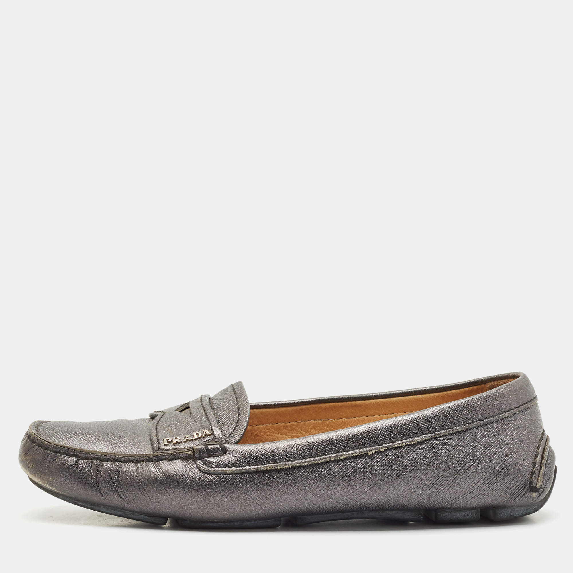 Prada Dark Grey Saffiano Leather Slip On Loafers Size 38