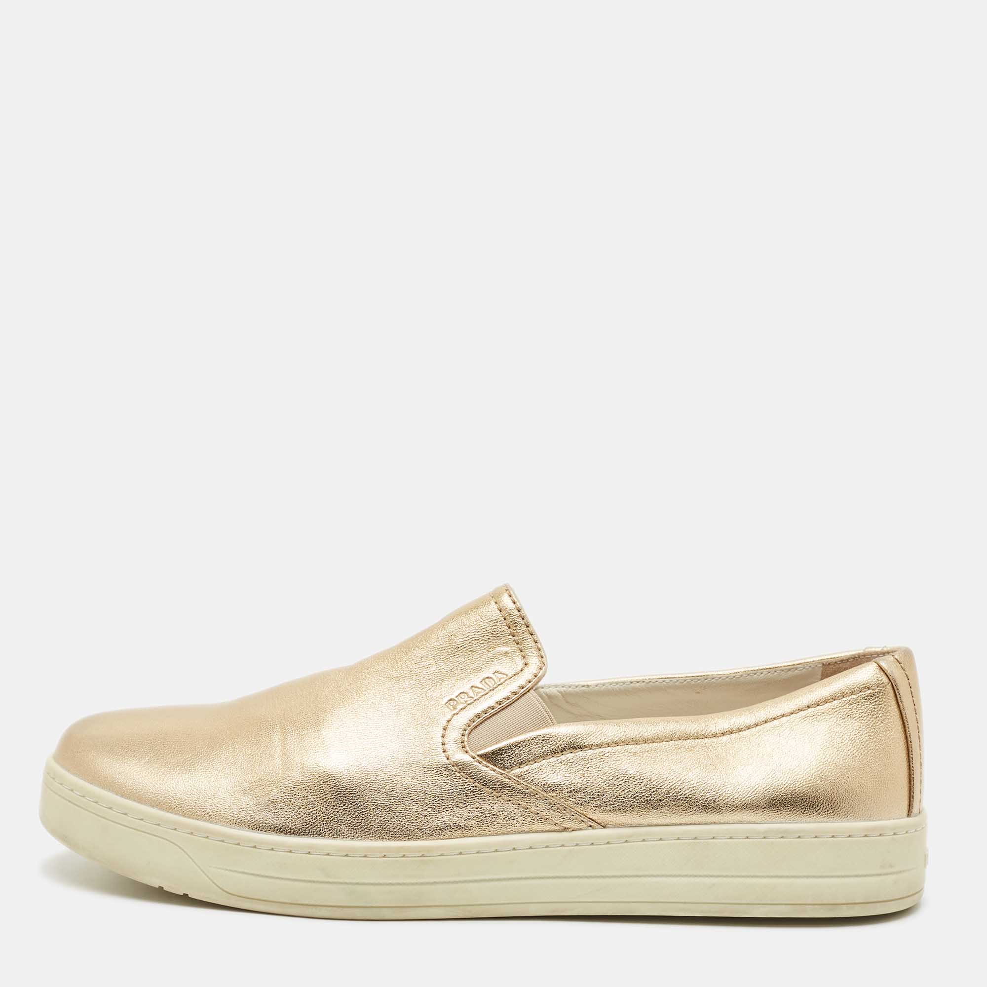 Pre Owned Prada Gold Leather Slip on Sneakers Size 40 