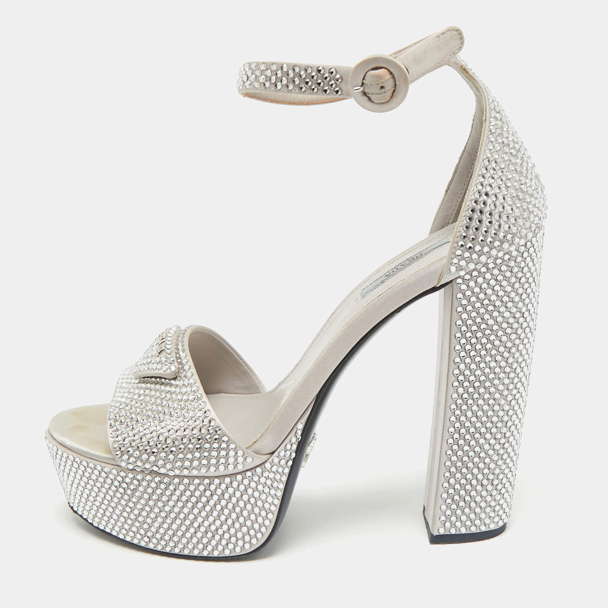 Prada Light Grey Satin Crystal Embellished Ankle Strap Platform Sandals Size 39