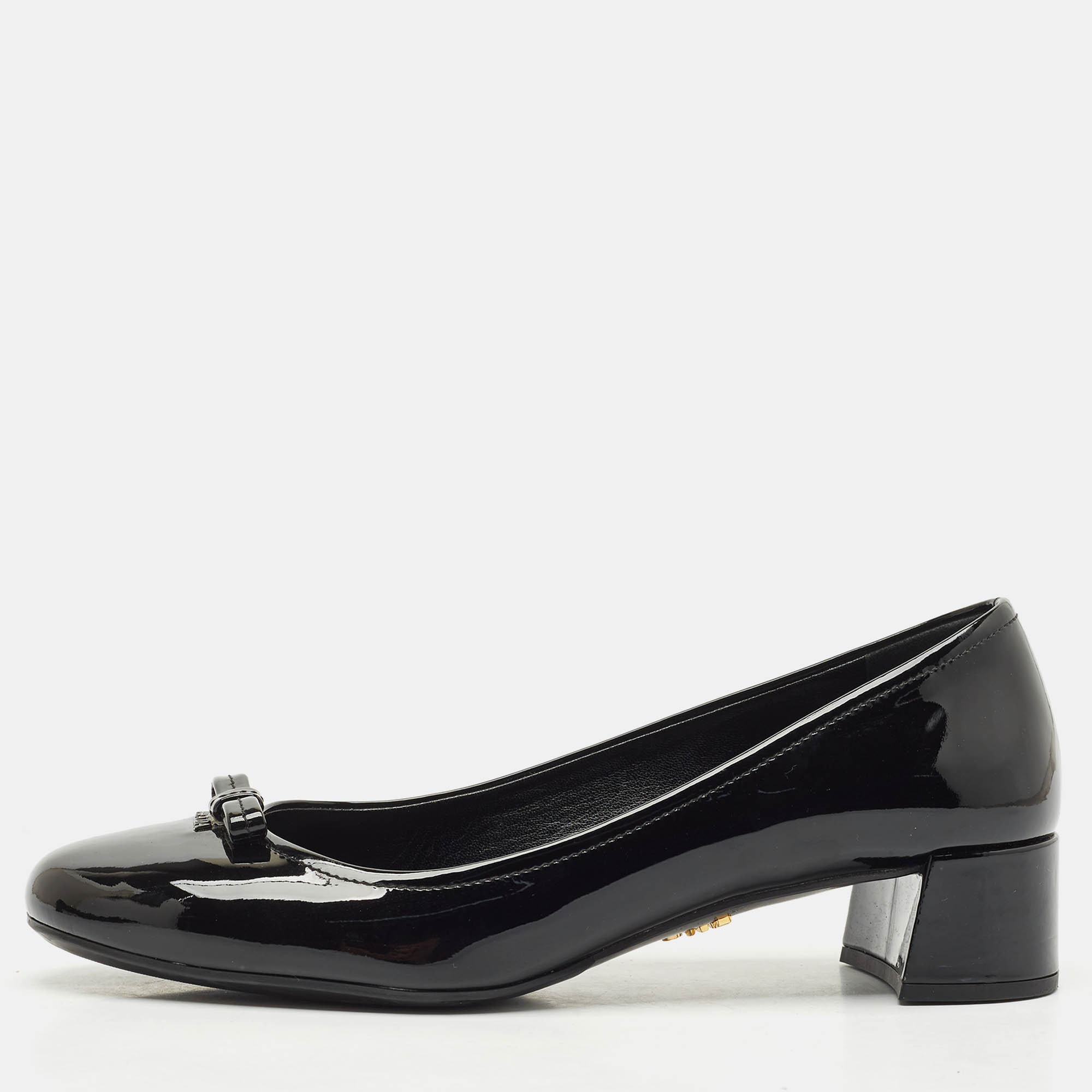 Prada Black Patent Leather Bow Block Heel Pumps Size 37.5