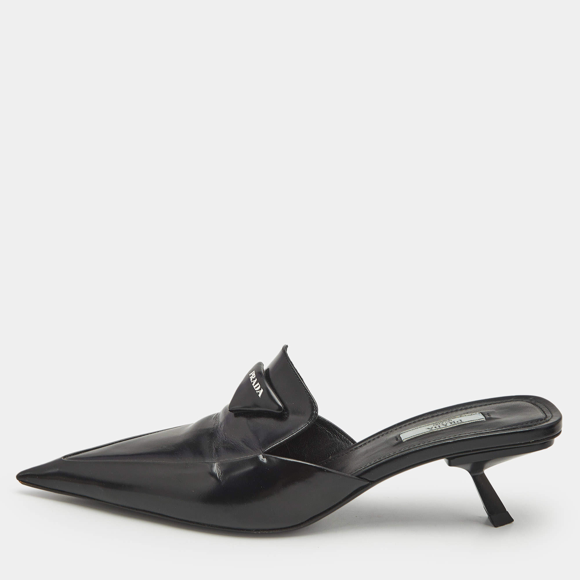 Prada Black  Saffiano Leather Logo Mules Size 40