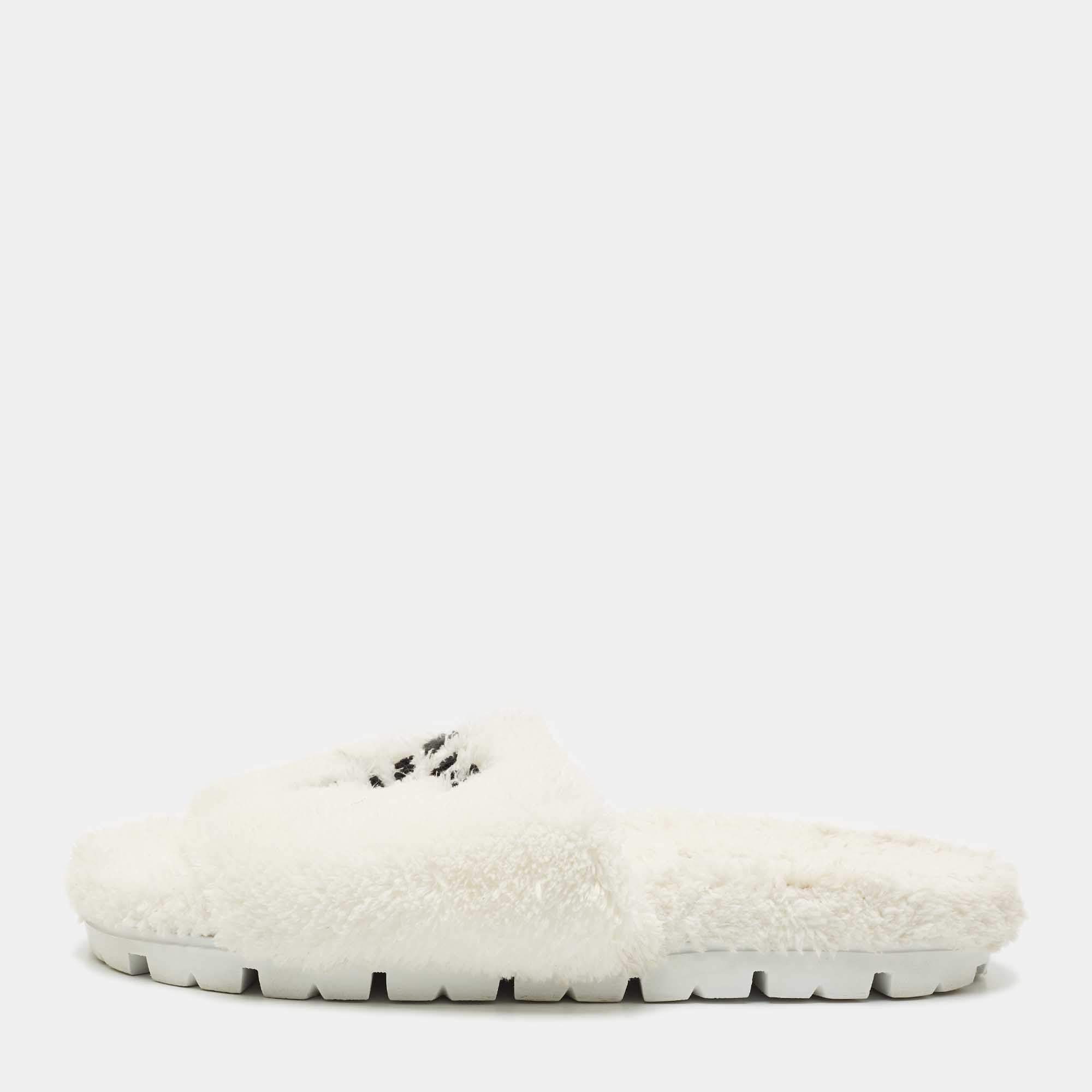 Prada White Shearling Terry Flat Slides  Size 39