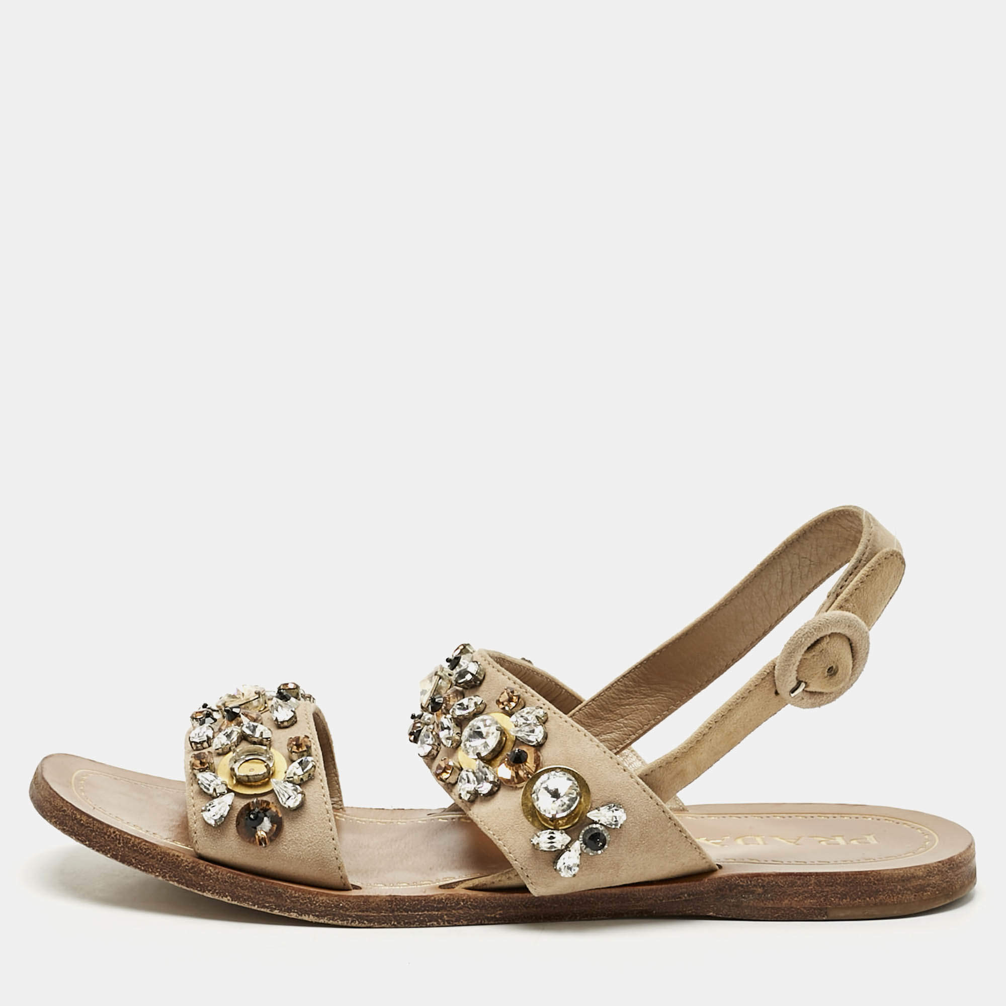 Prada Beige Suede Crystals Embellished Flat Sandals Size 38