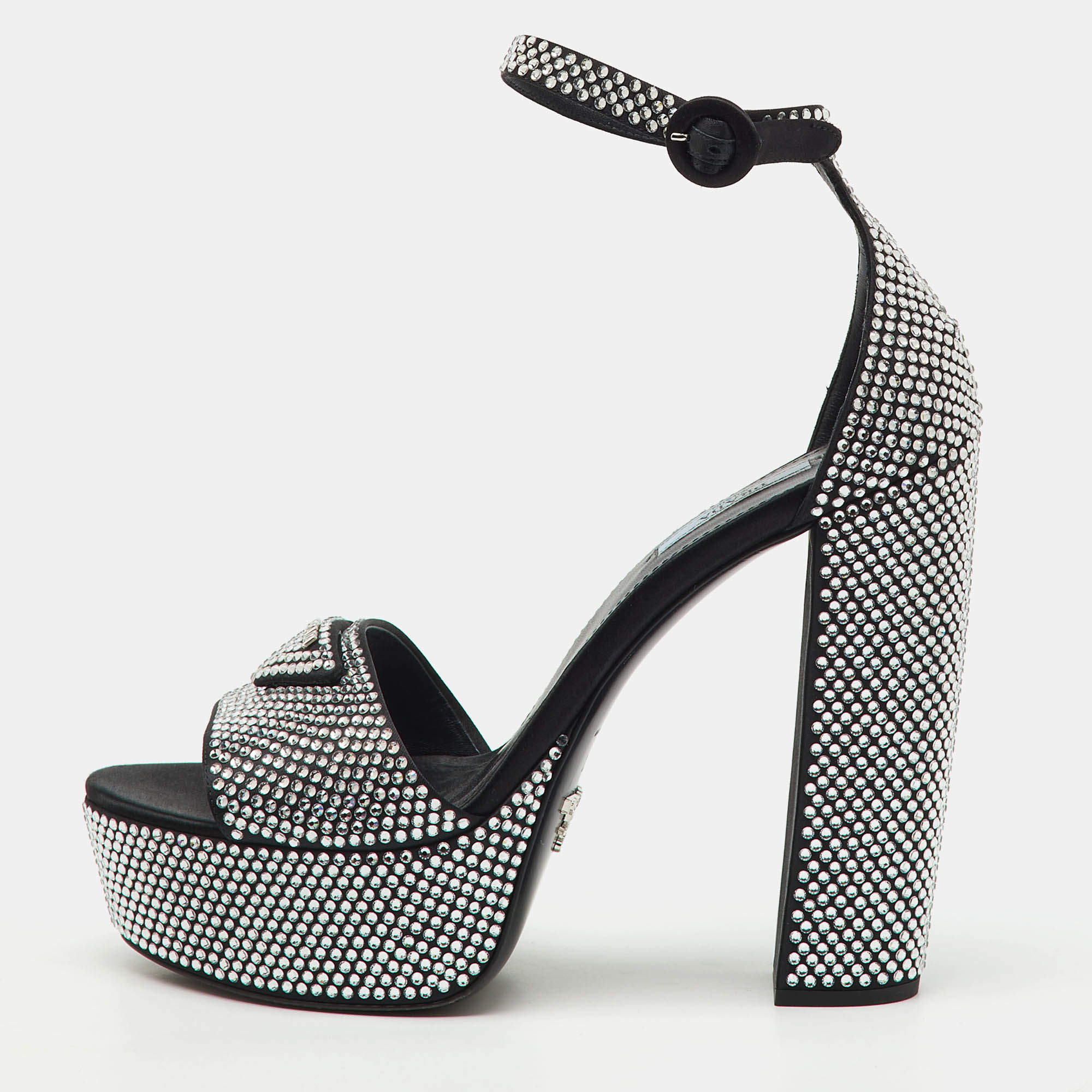 Prada Black Satin Crystal Embellished Ankle Strap Platform Sandals Size 39.5