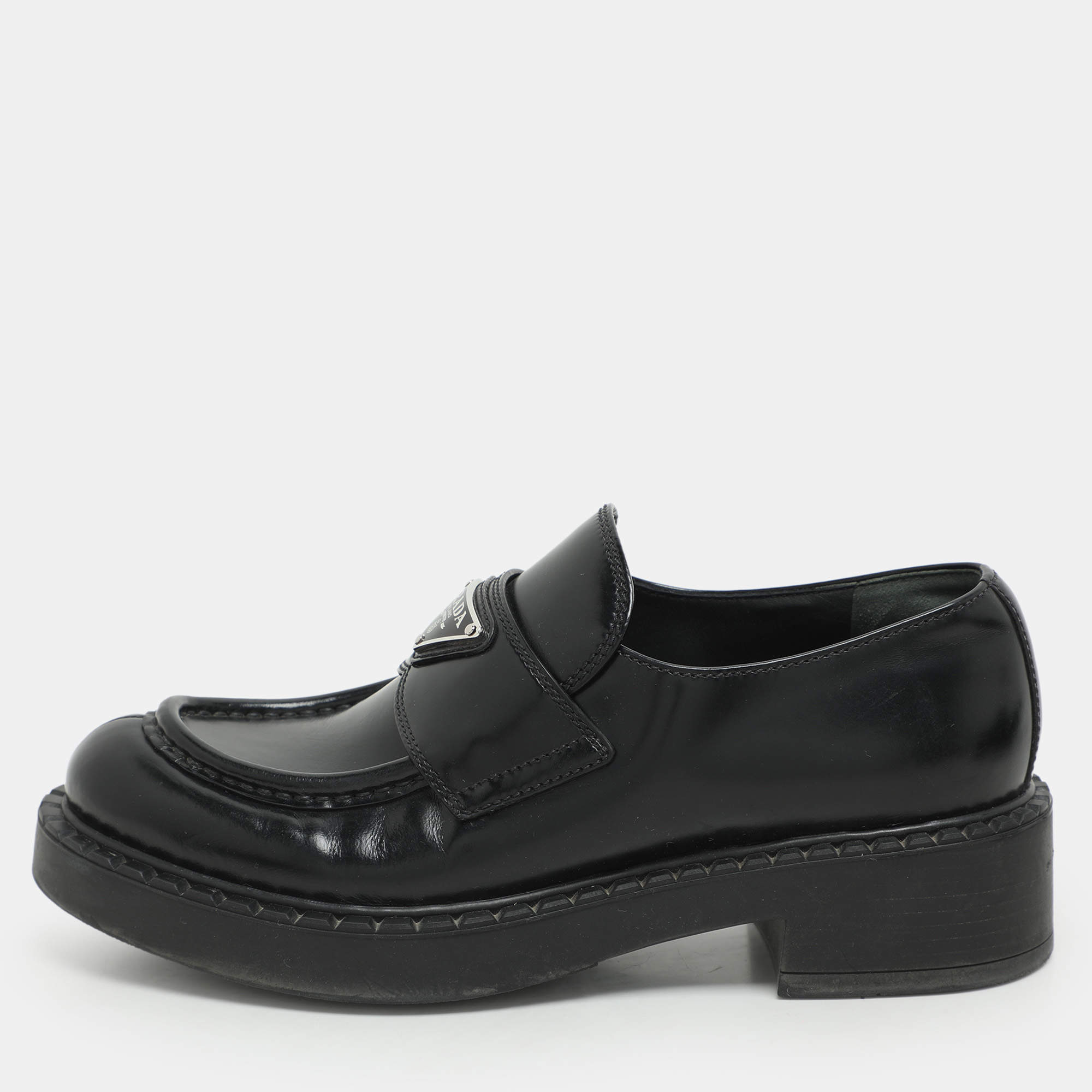Prada Black Leather Slip On Loafers Size 35.5