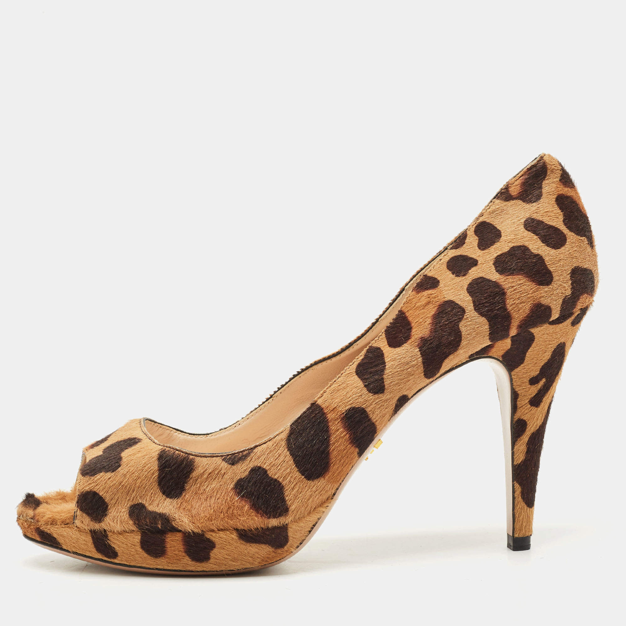 Prada Brown Leopard Print Calf Hair Peep Toe Platform Pumps Size 39