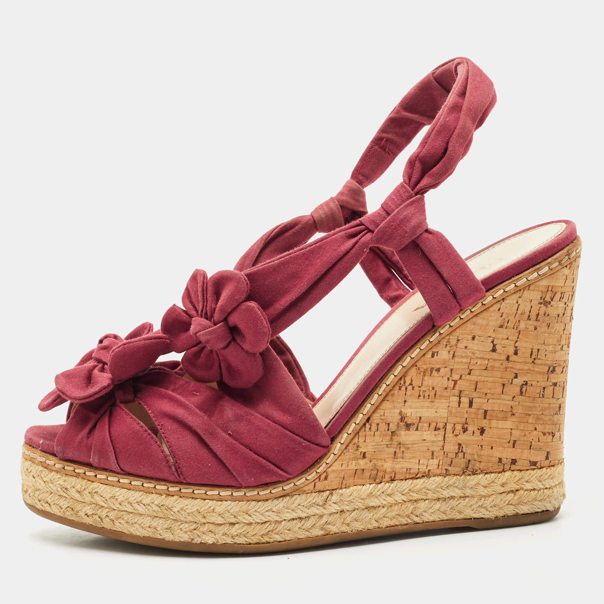 Prada Burgundy Fabric Flower Cork Wedge Slingback Sandals Size 40
