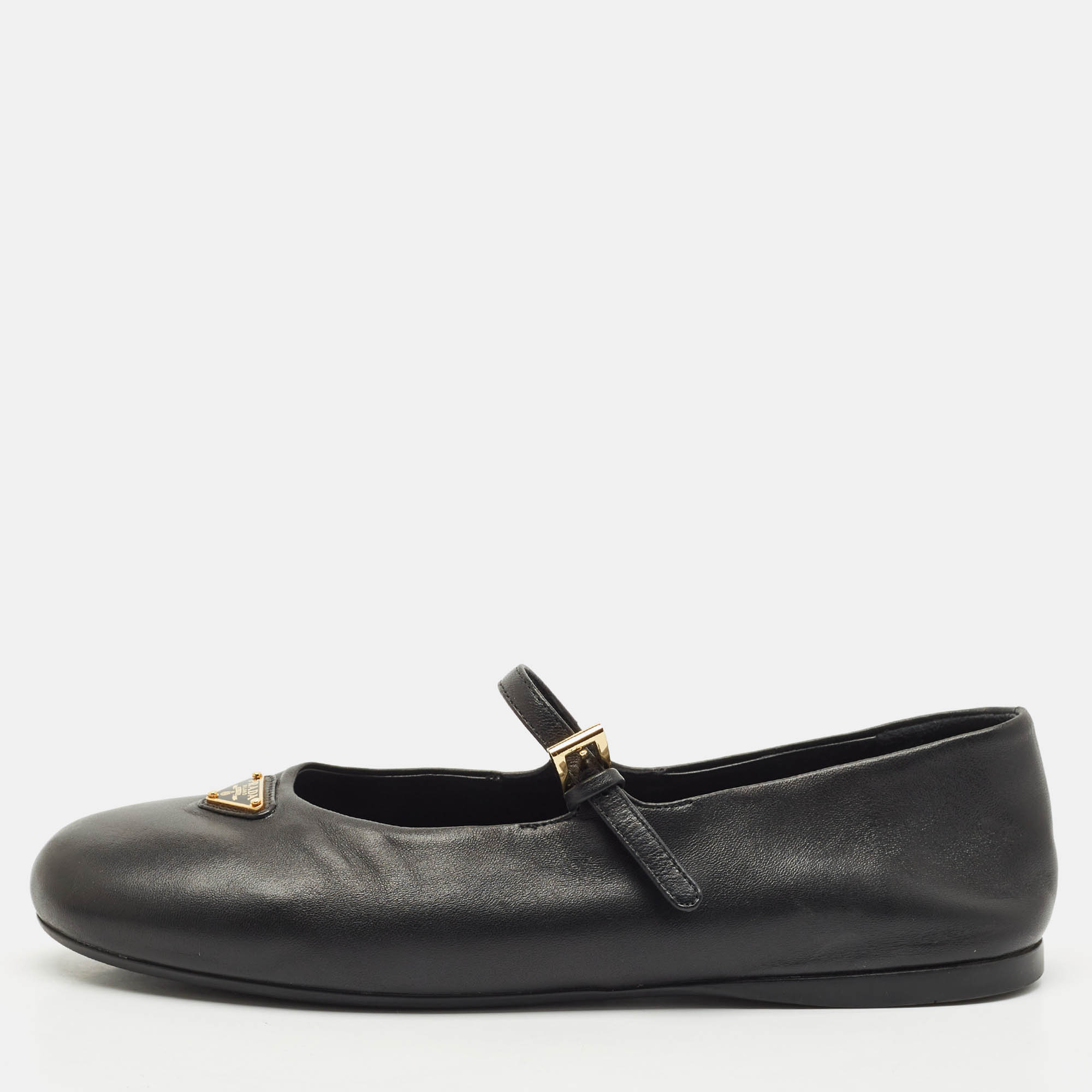 Prada Black Leather Triangle Logo Mary Jane Ballet Flats Size 38