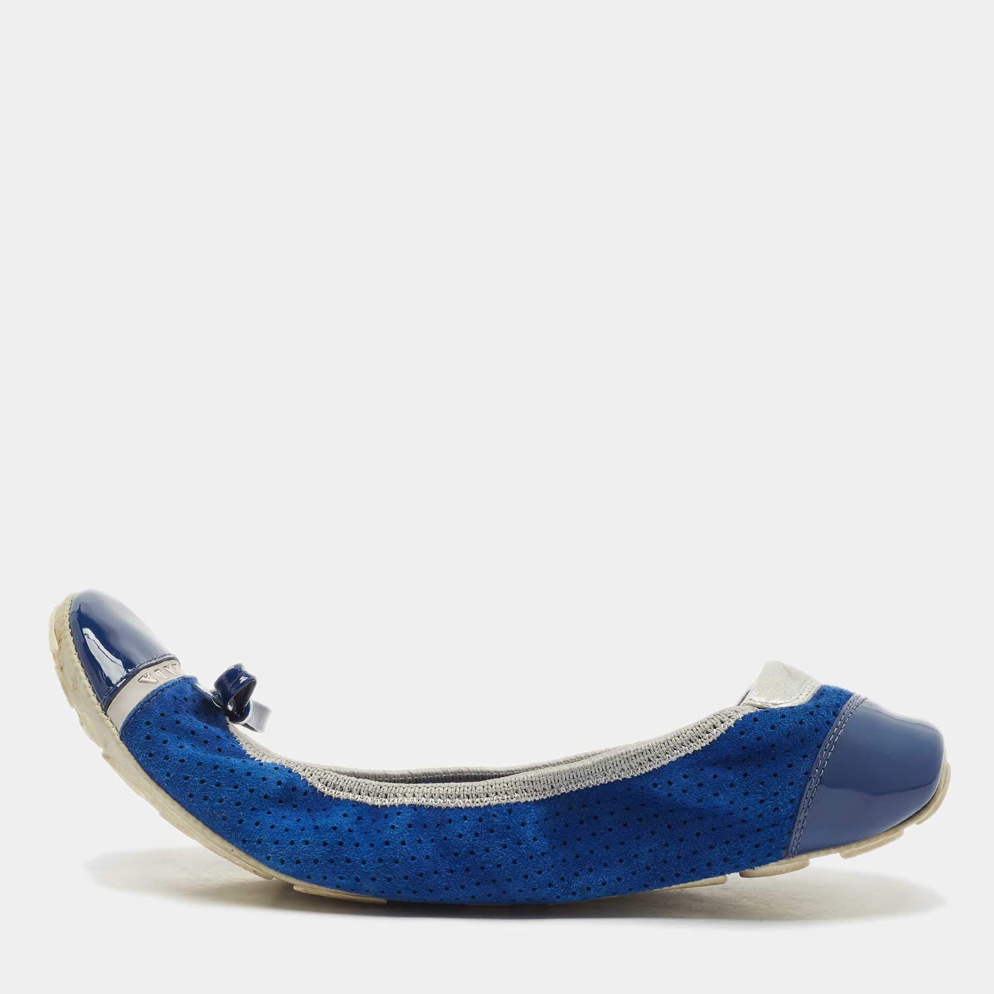 Prada Navy Blue/Silver Patent Leather and Nubuck Leather Scrunch Ballet Flats Size 38