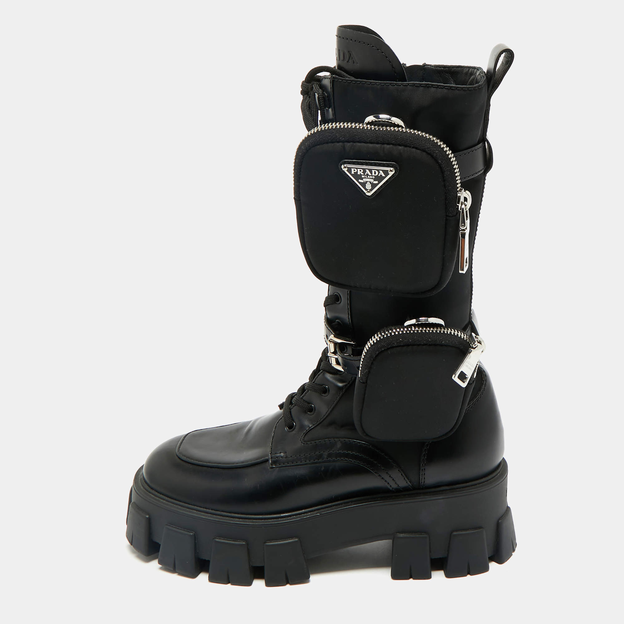 Pre Owned Prada Black Leather and Nylon Monolith Combat Boots Size 37.5